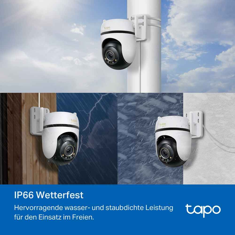 Wetterfeste Tapo Überwachungskamera für den Außeneinsatz bei Regen und Schnee.