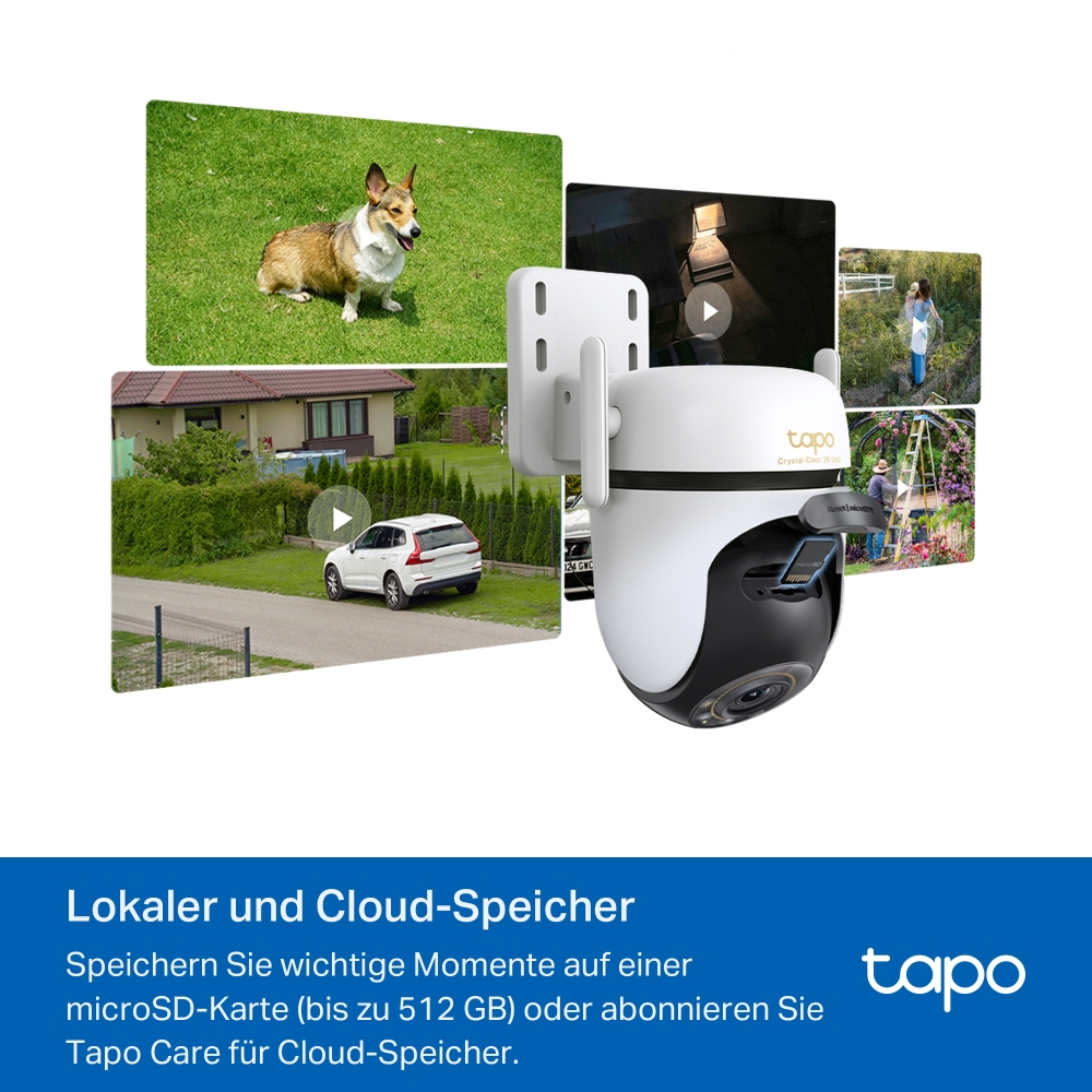 Eine weiße Überwachungskamera mit eingespeicherter Speicherkarte und umgebenden Bildschirmen.