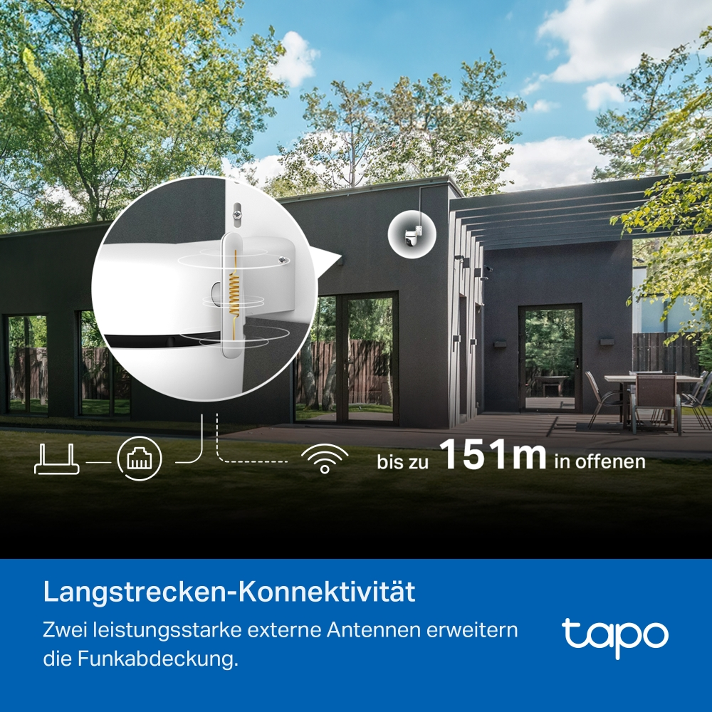 Moderne graue Villa mit Garten, integrierter Außenkamera und Zoom-Grafik der Antenne.