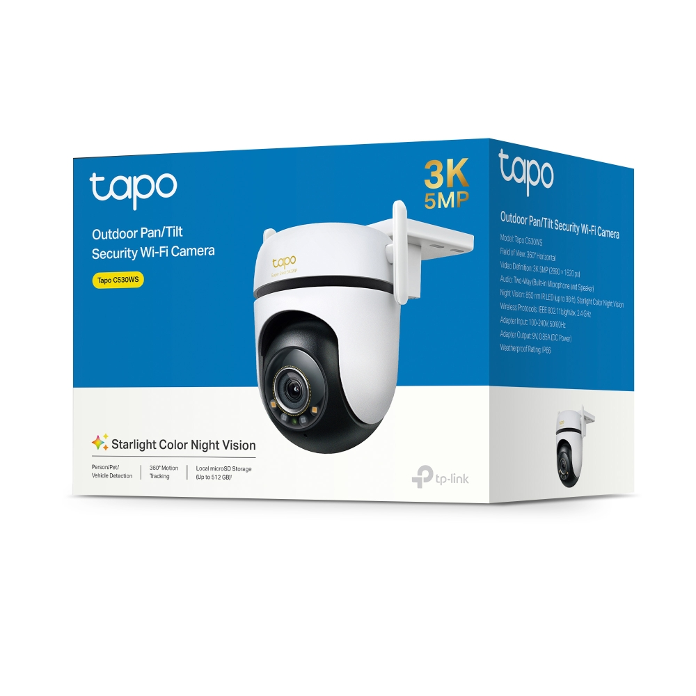 Produktverpackung der Tapo Outdoor Pan/Tilt Security Wi-Fi Kamera mit weißen und blauen Elementen.