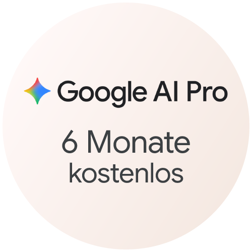 Runder Aufkleber mit Google AI Pro Logo und dem Text 6 Monate kostenlos.