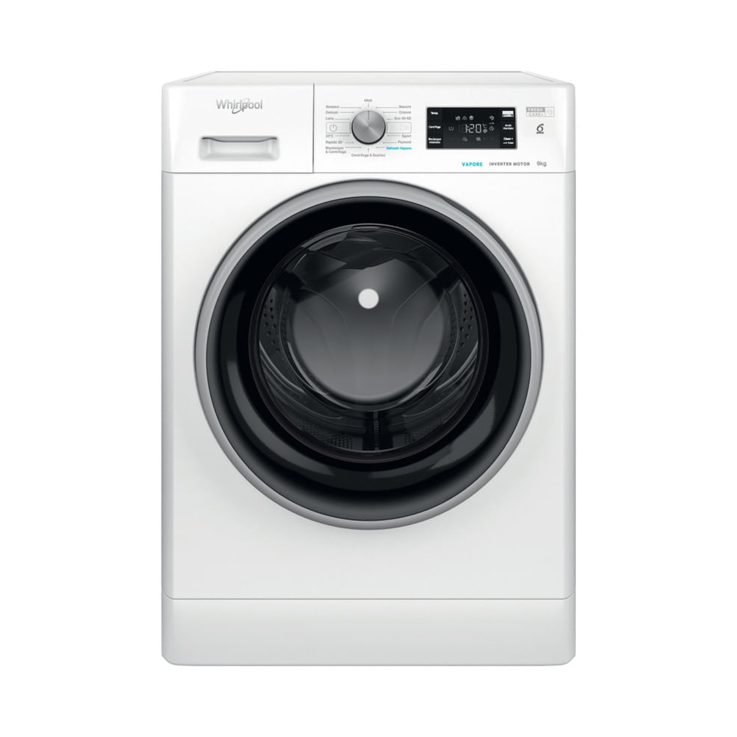 Una lavatrice Whirlpool bianca a carica frontale con manopola e display digitale.
