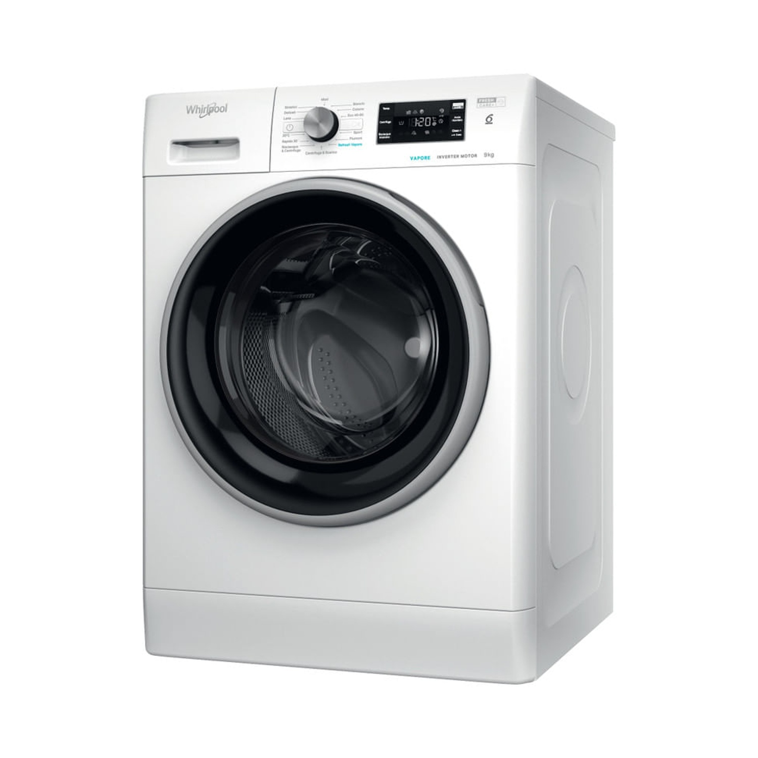 Una lavatrice a carica frontale bianca Whirlpool con display digitale e manopola su fondo bianco.