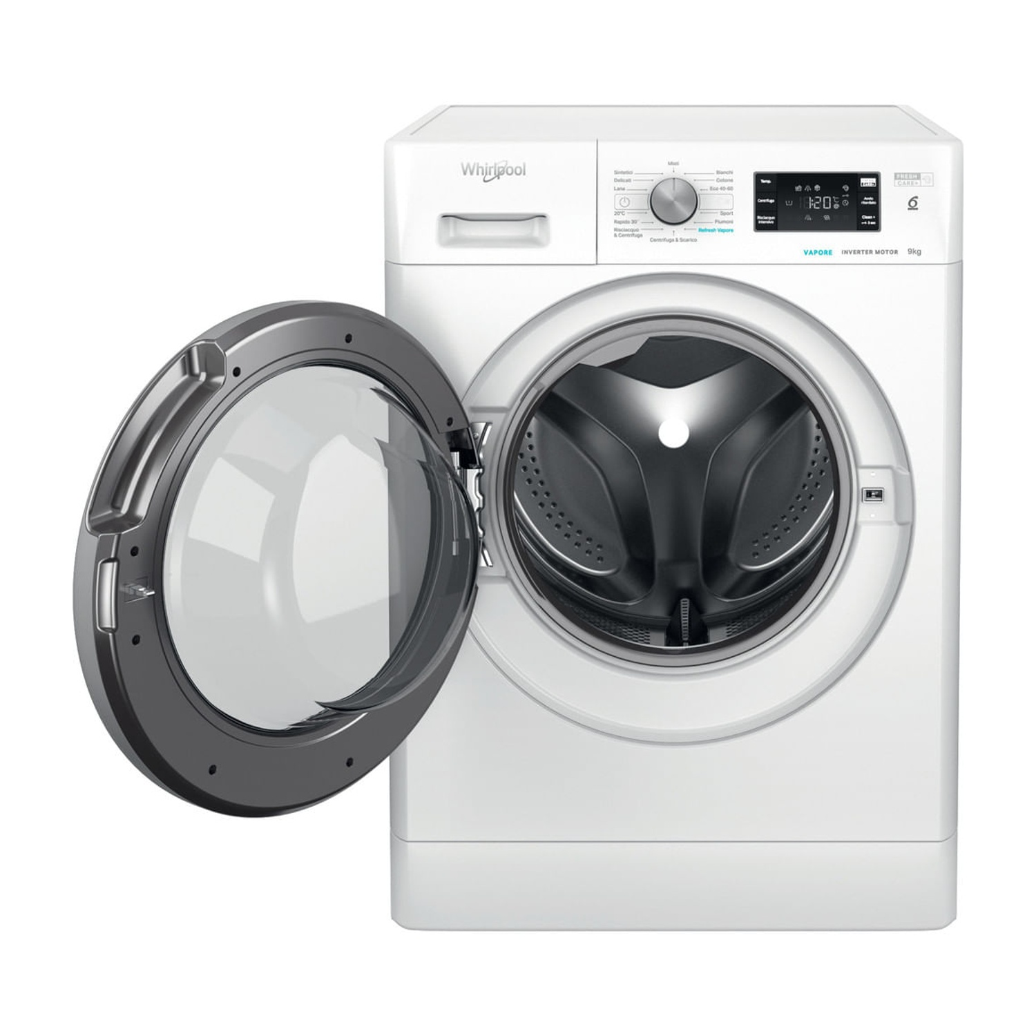 Lavatrice a carica frontale Whirlpool bianca con oblò aperto e pannello di controllo digitale su sfondo bianco.