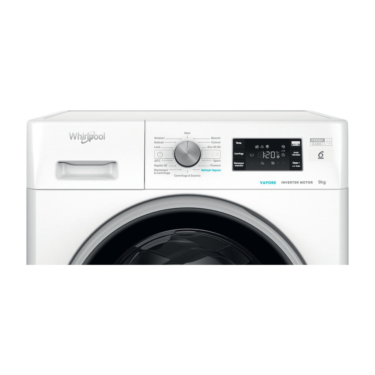 Pannello di controllo di una lavatrice bianca Whirlpool con manopola centrale e display digitale.