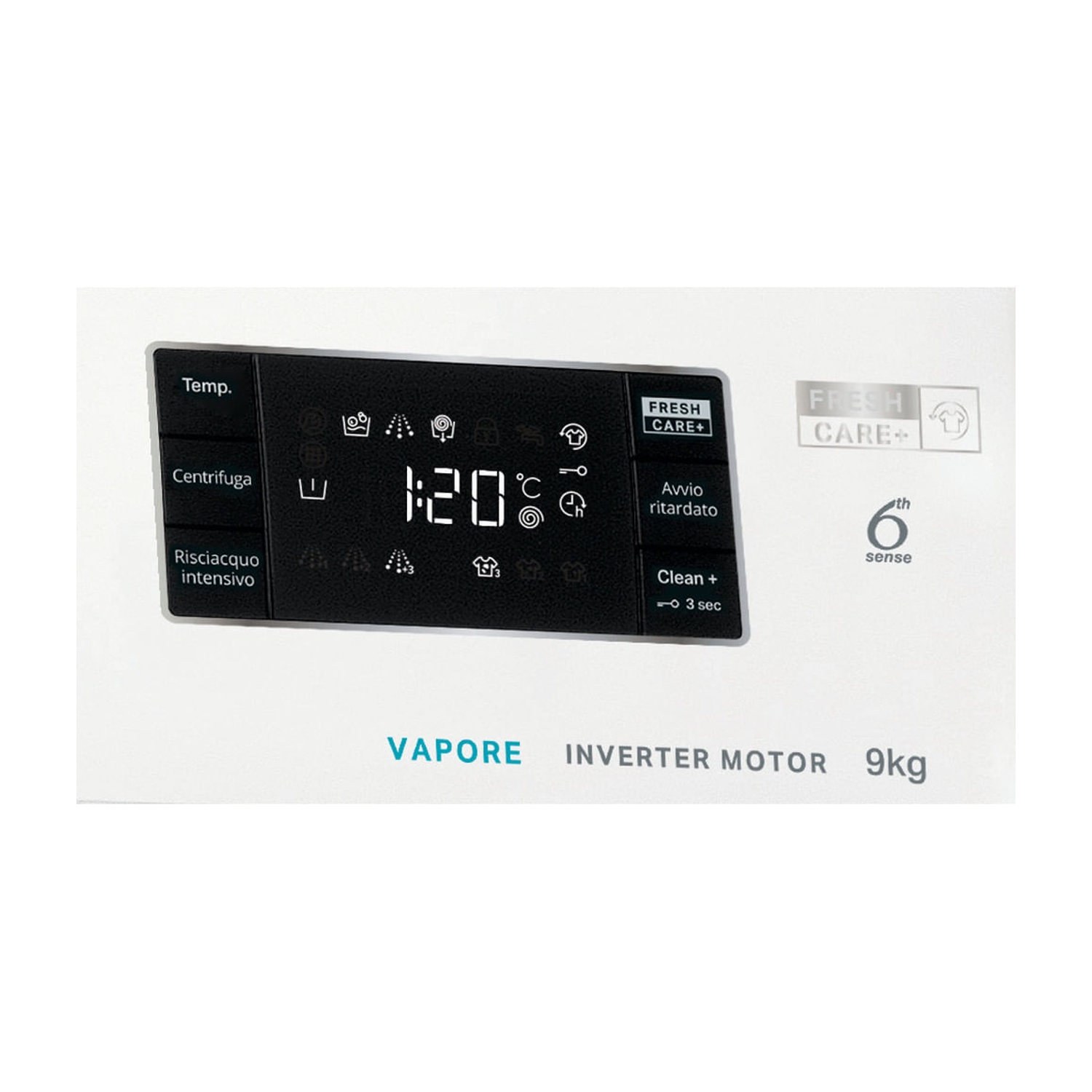 Pannello di controllo della lavatrice con display digitale, pulsanti e testi come Vapore e Inverter Motor.