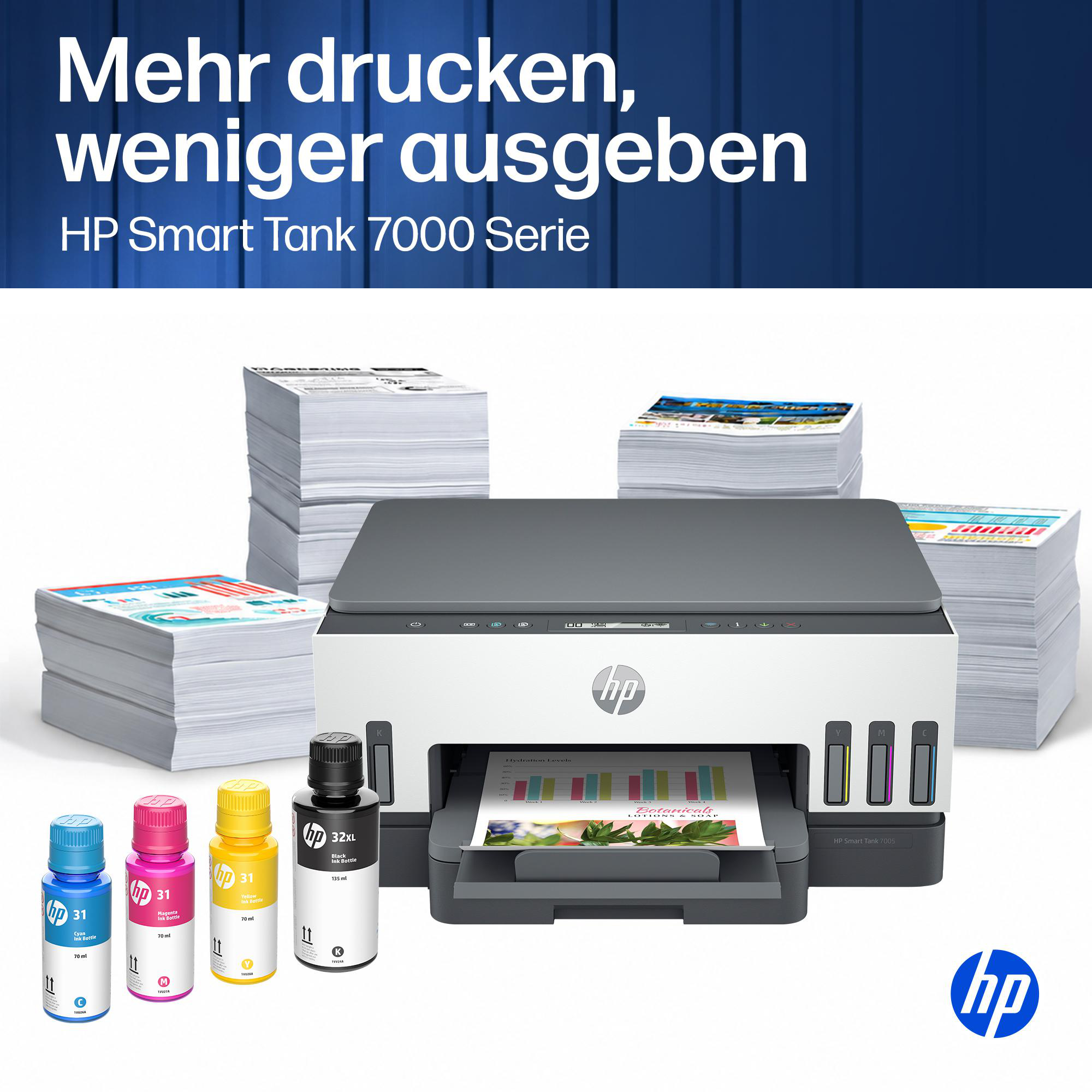 HP Smart Tank Drucker mit vier Tintenflaschen und mehreren Papierstapeln auf weißem Hintergrund.