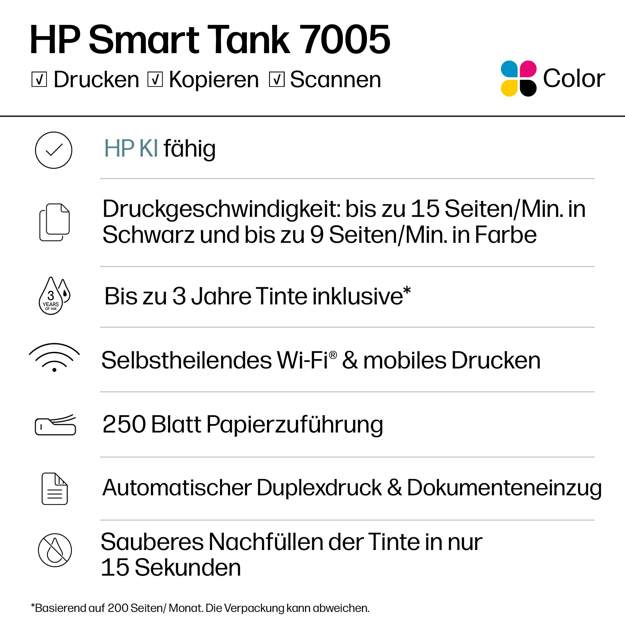 HP Smart Tank 7005 Produktmerkmale: Drucken, Kopieren, Scannen, Wi-Fi und Tintenfüllung.