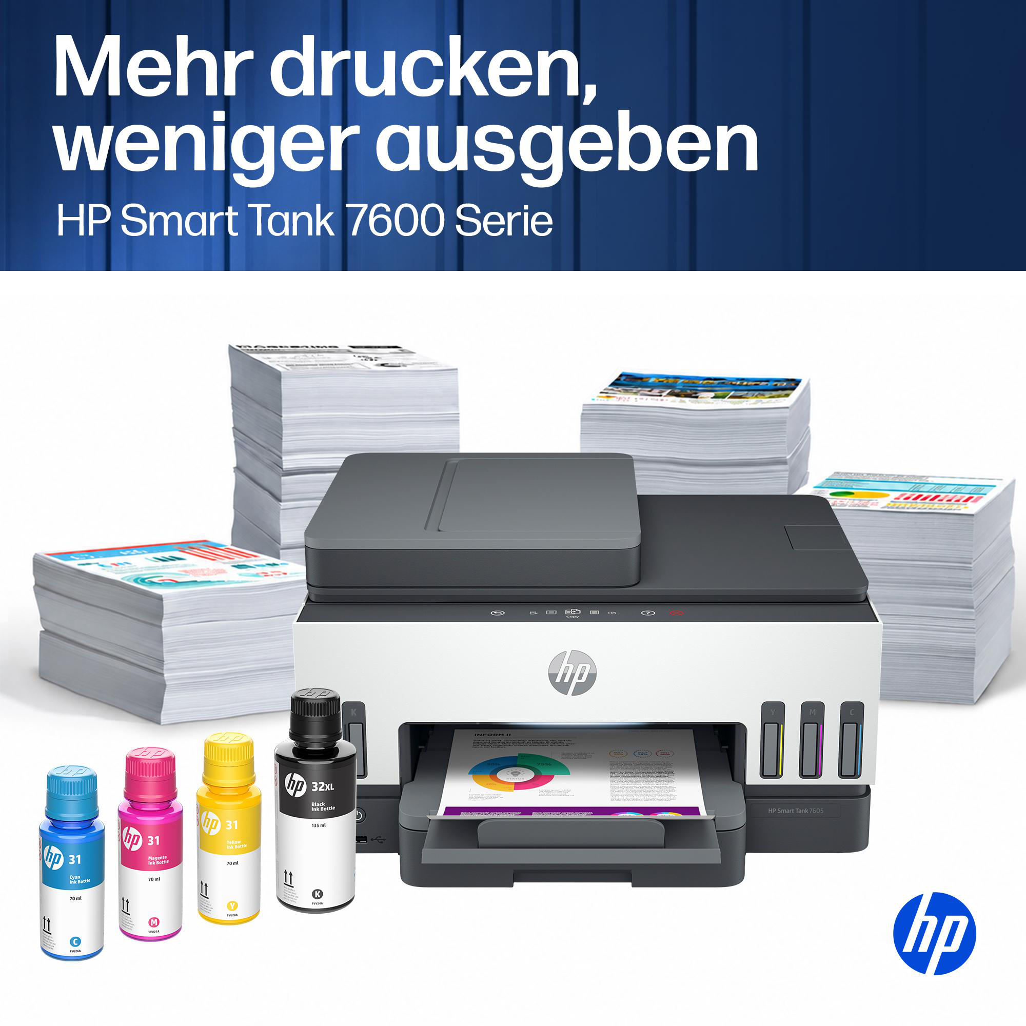 Ein HP Smart Tank 7600 Drucker mit Tintenflaschen und Papierstapeln.