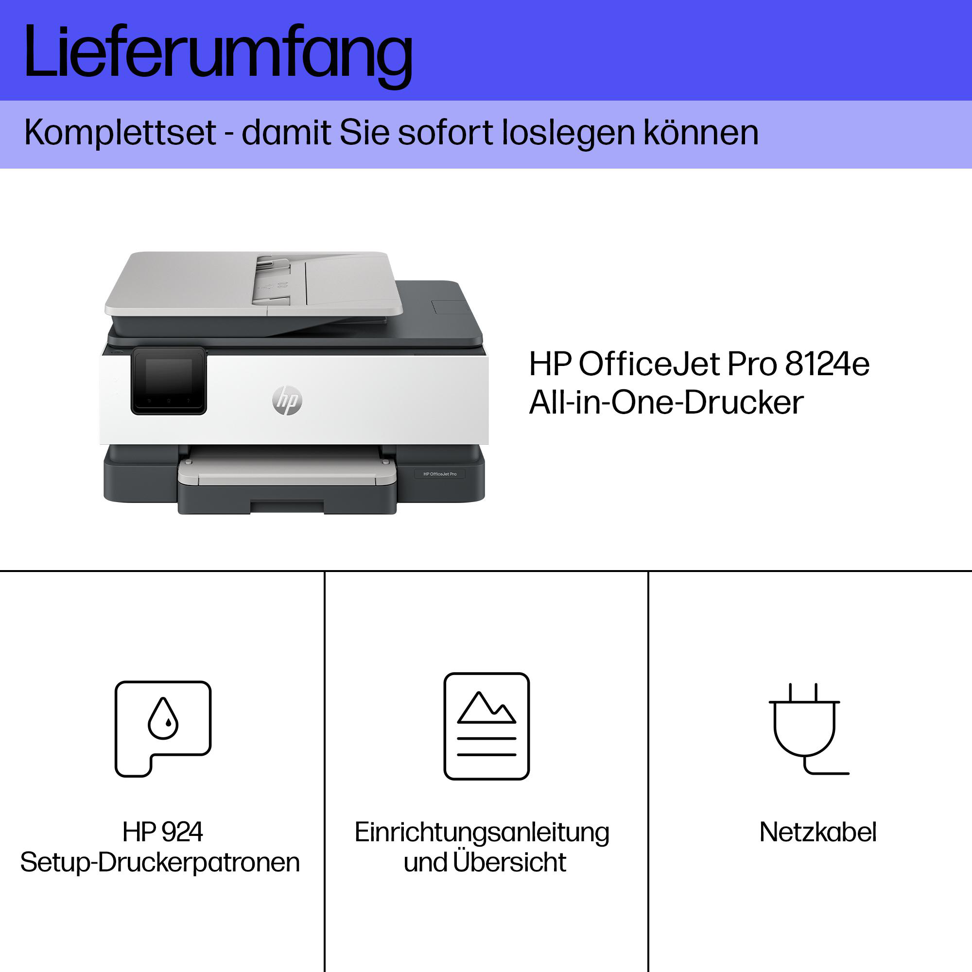 Lieferumfang des HP OfficeJet Pro 8124e: Drucker, Setup-Patronen, Anleitung und Netzkabel.
