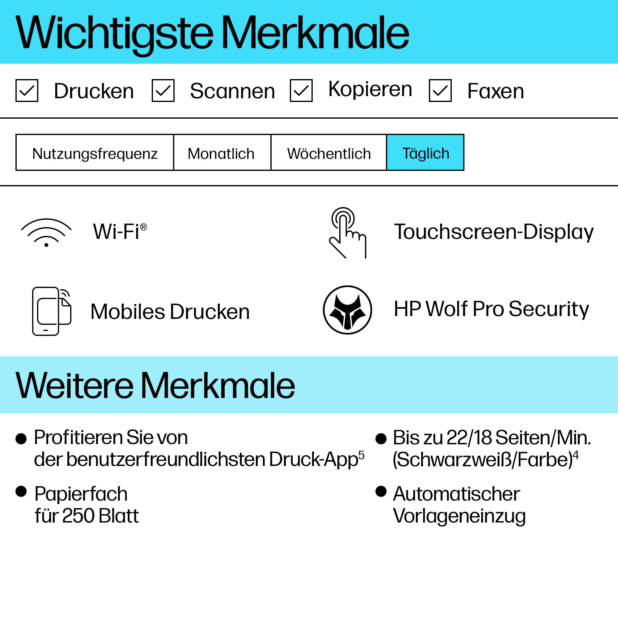 Infografik zeigt Druckerfunktionen wie Drucken, Scannen, Wi-Fi, Touchscreen, mobiles Drucken und Sicherheit.