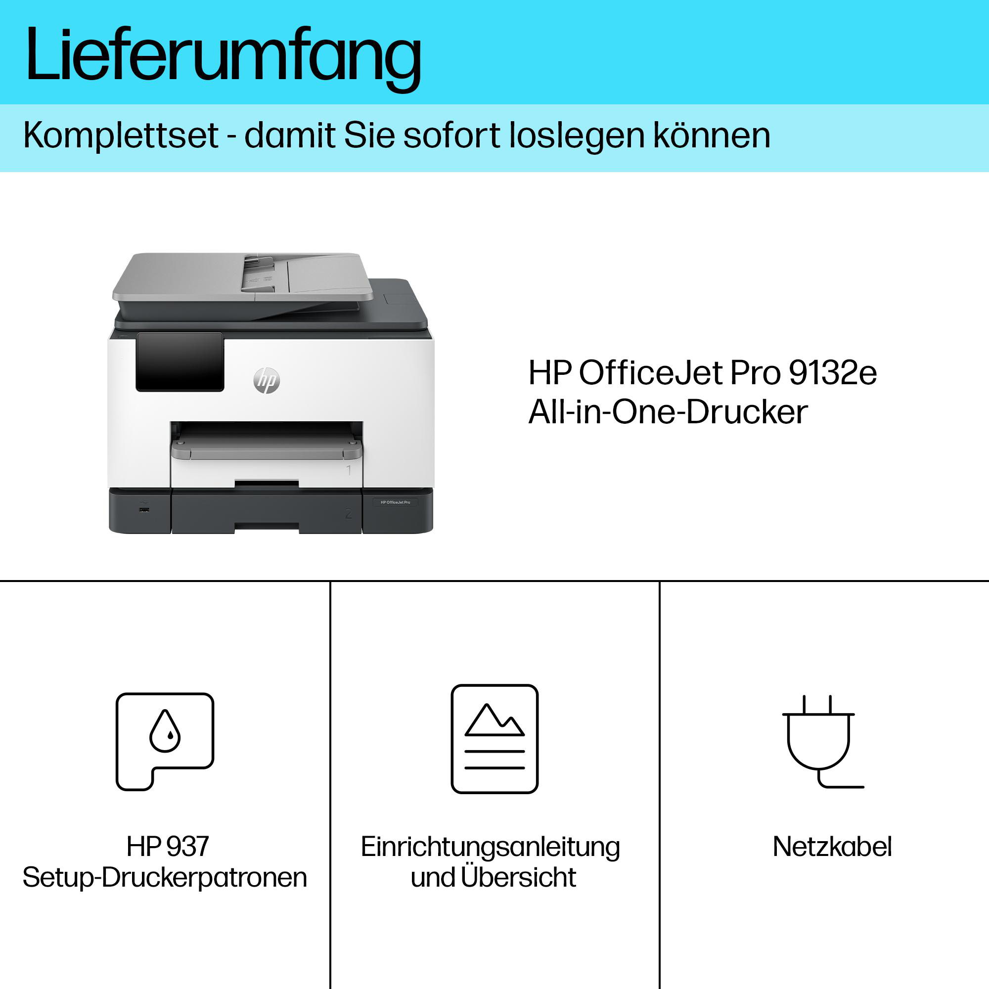 Ein HP OfficeJet Pro Drucker mit Tinte, Handbuch und Netzkabel unten.