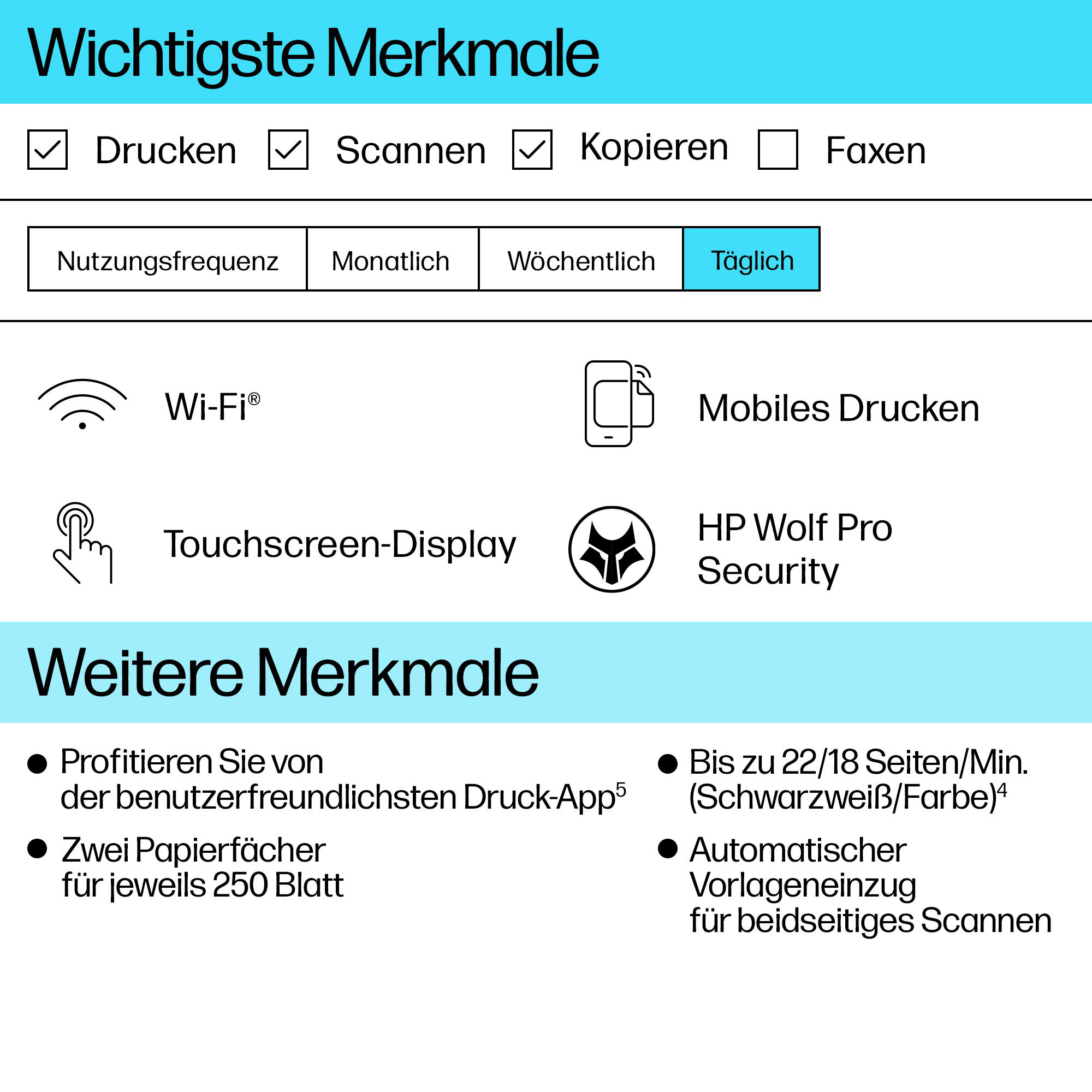 Übersicht von Drucker-Eigenschaften inklusive Drucken, Scannen, Kopieren, WLAN und Touchscreen.