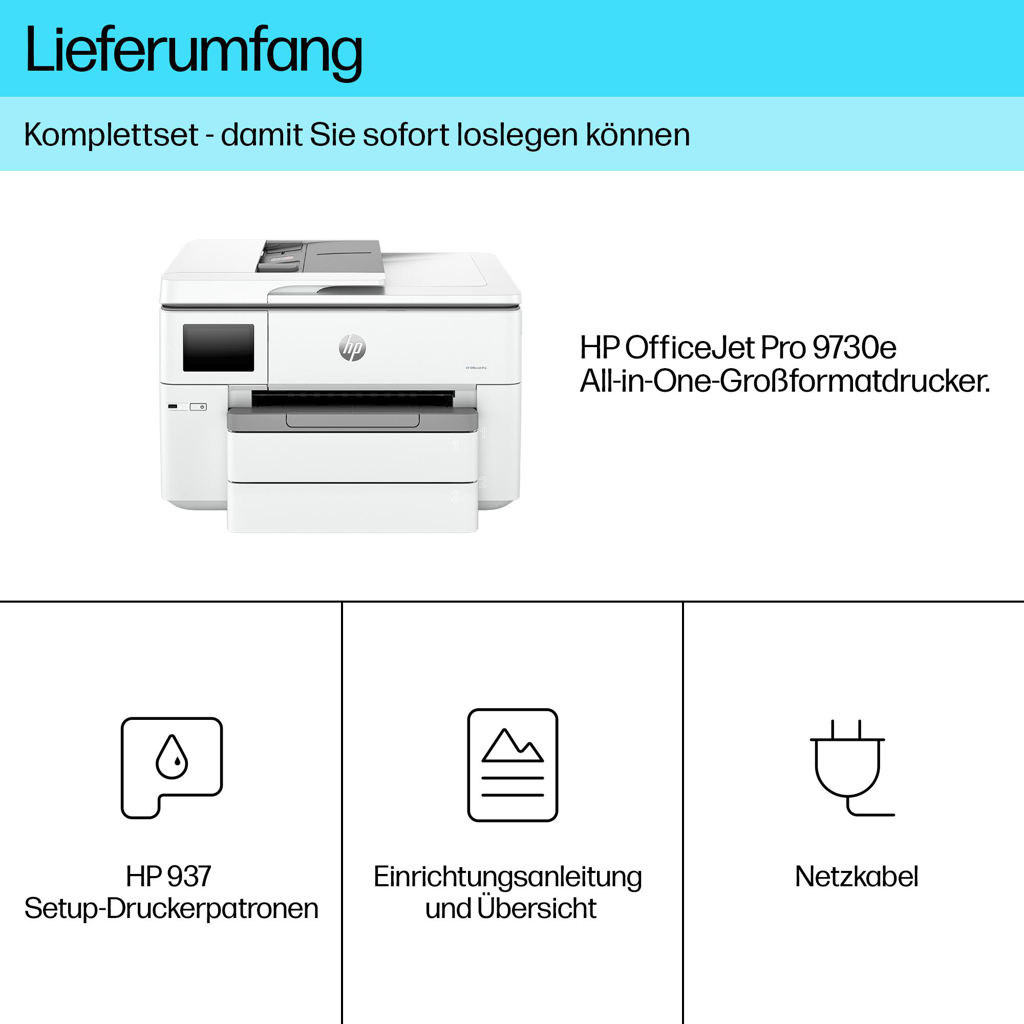 Lieferumfang mit HP OfficeJet Pro 9730e Drucker, Patronen, Anleitung und Netzkabel.