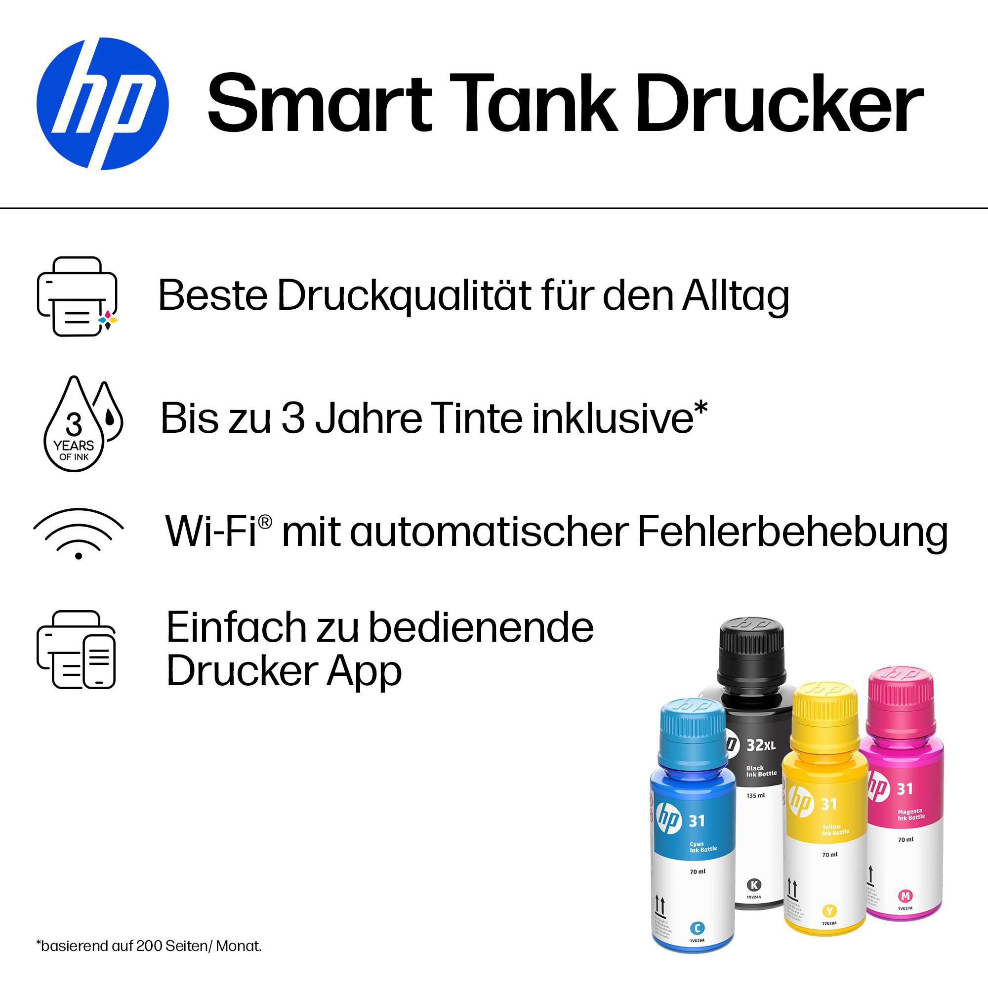 Werbung für HP Smart Tank Drucker mit Tintenflaschen und Icons für Druckqualität, Tinte, WLAN und App.