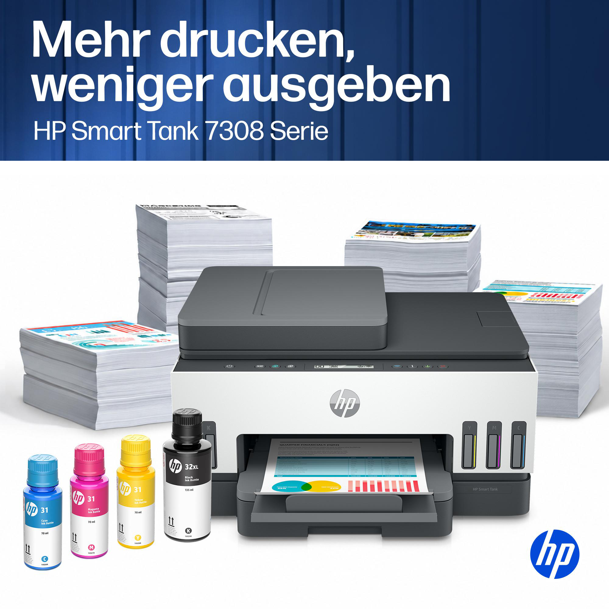 HP Smart Tank 7308 Drucker mit Tintenflaschen und großen Papierstapeln davor.