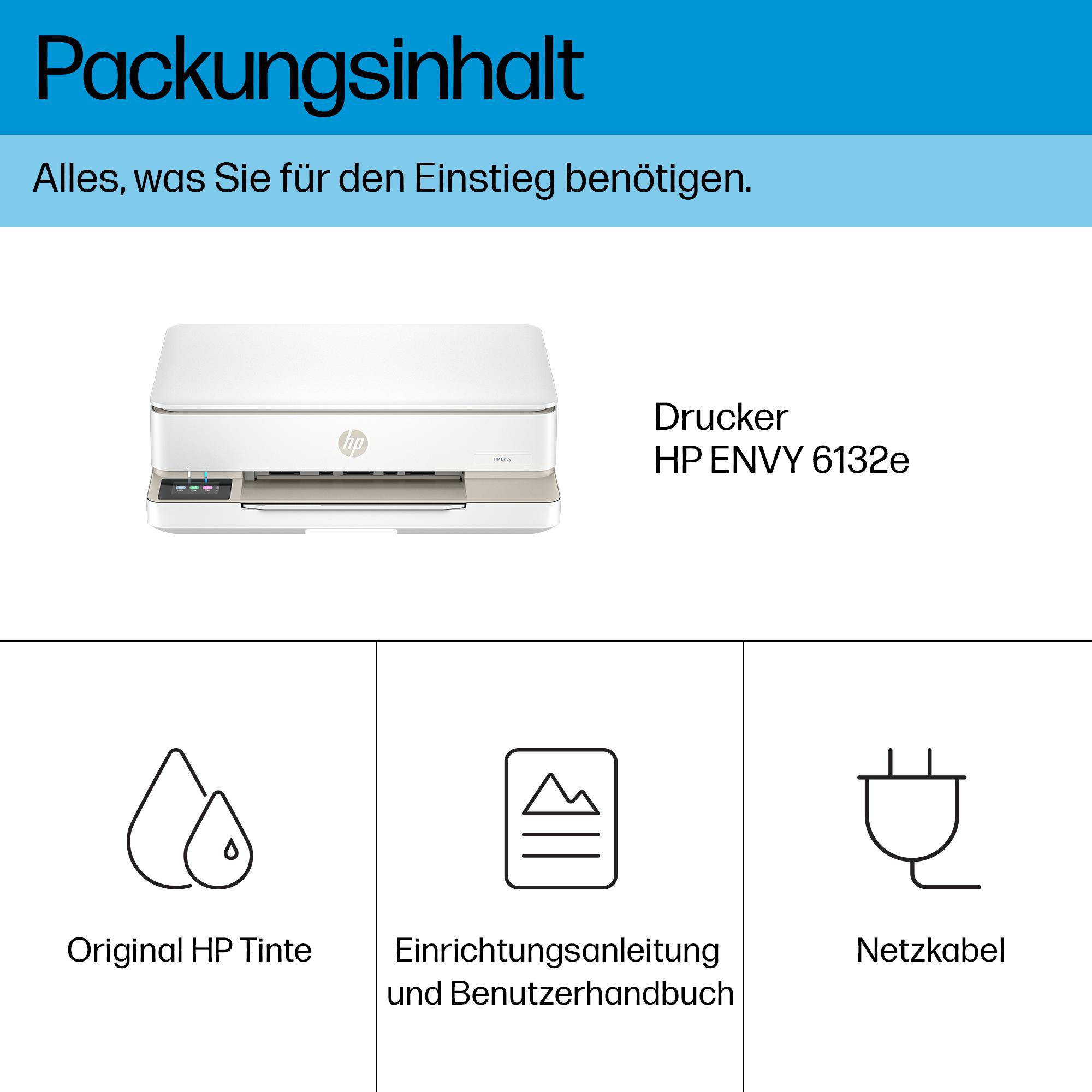 Packungsinhalt: HP ENVY 6132e Drucker, HP Tinte, Anleitung und Netzkabel.