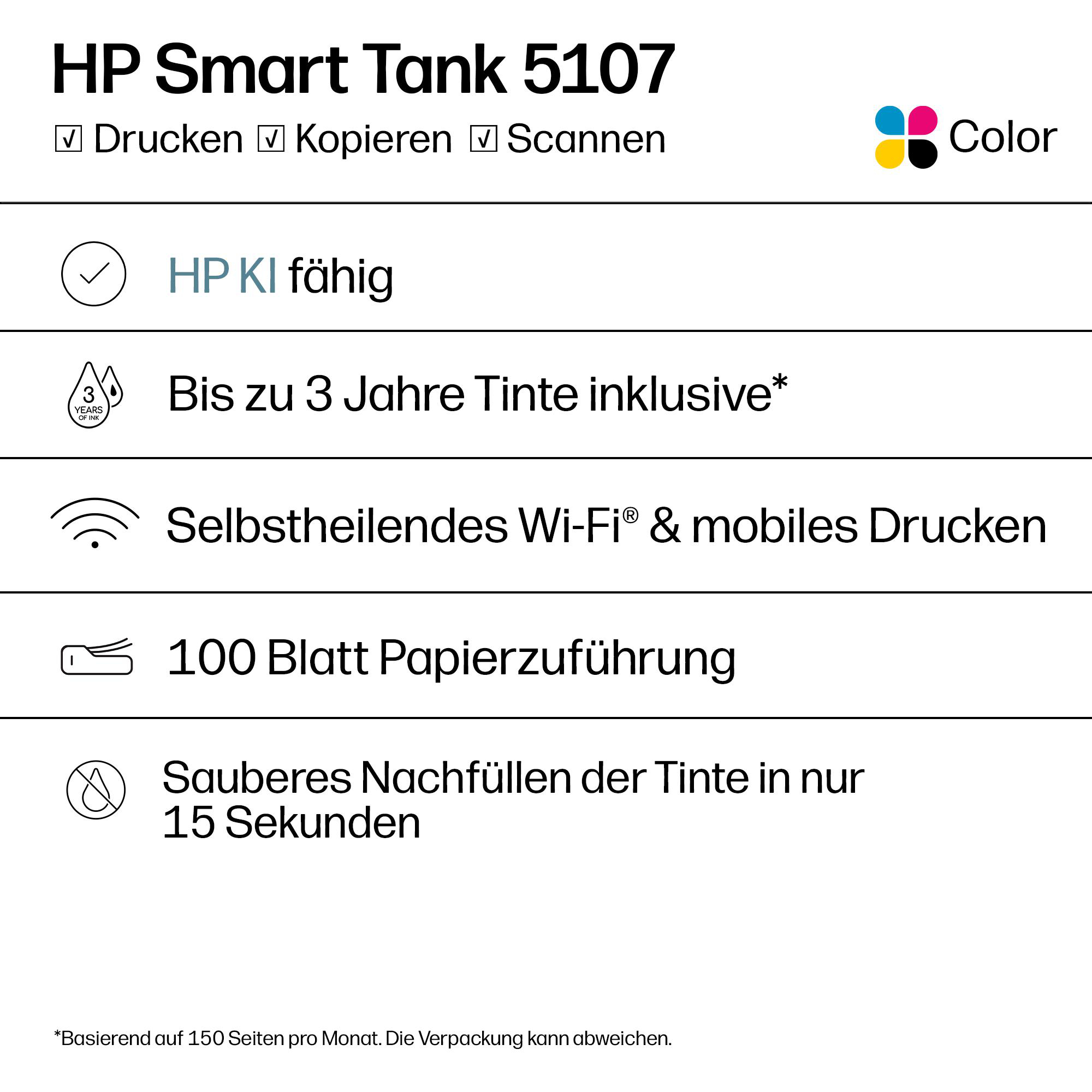HP Smart Tank 5107 Drucker mit Drucken, Scannen, KI, 3 Jahren Tinte, WLAN und 100-Blatt-Papierzufuhr.