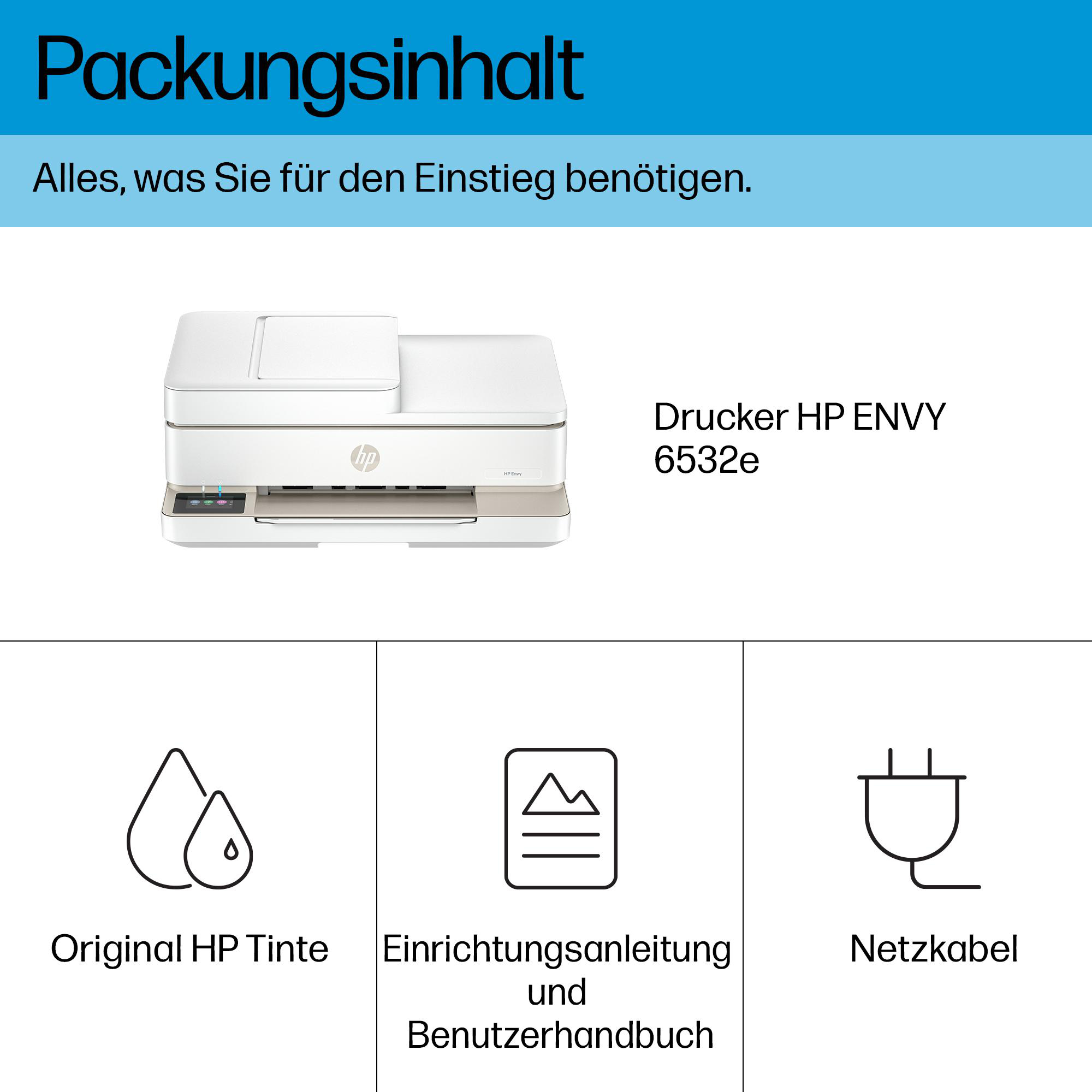 Packungsinhalt: HP ENVY 6532e Drucker, Tinte, Handbuch, Netzkabel.