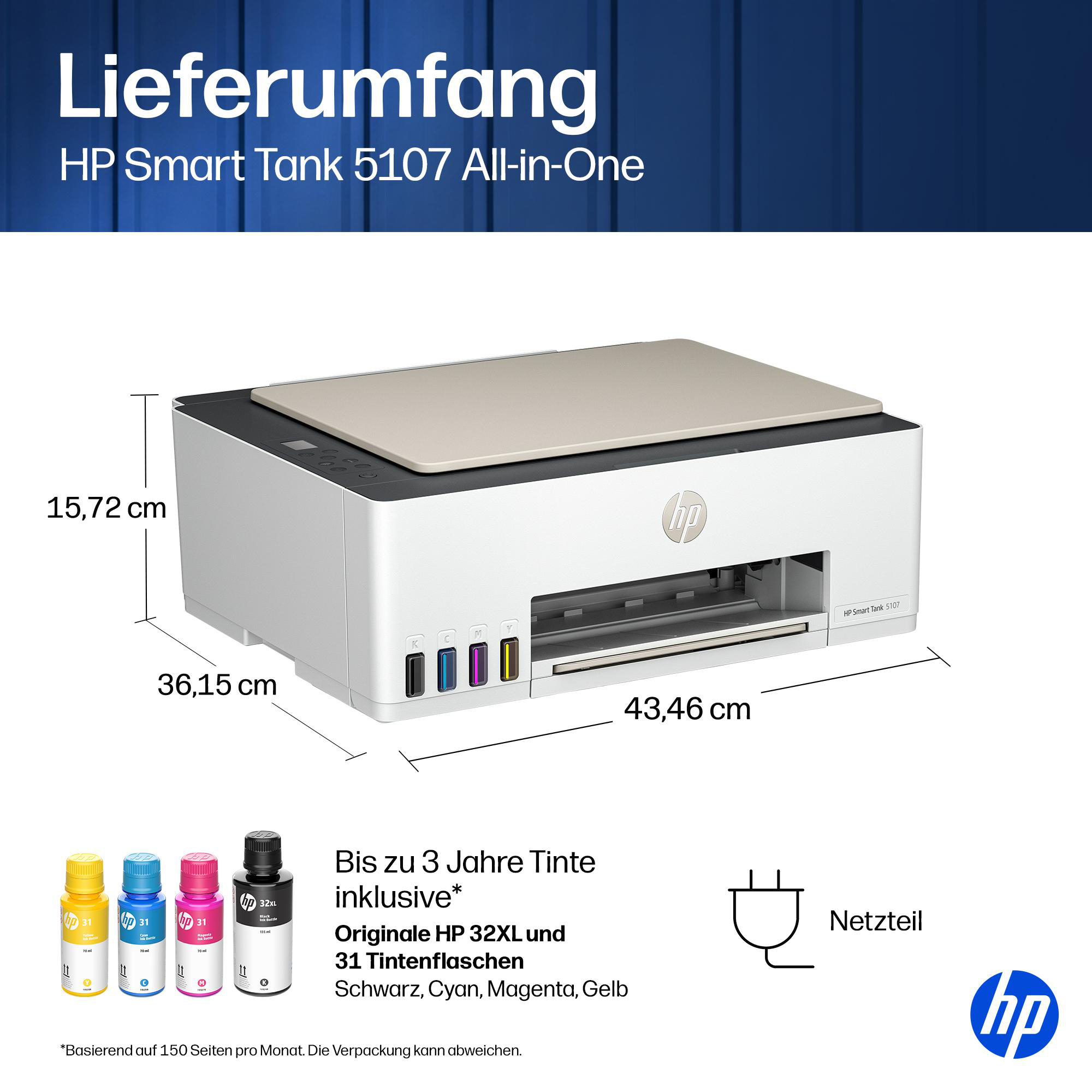 HP Smart Tank 5107 Drucker mit Maßen, Tintentaschen und Netzteil vor blauem Hintergrund.