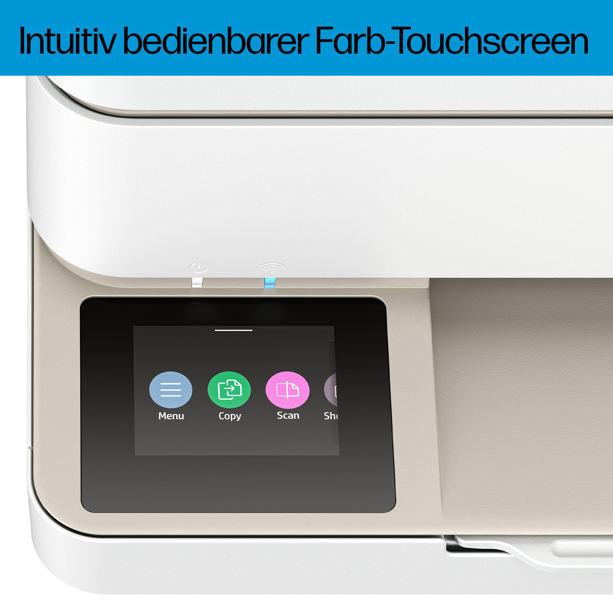 Ein weißer Drucker mit einem intuitiven Farb-Touchscreen, der Menü-, Kopier- und Scan-Optionen anzeigt.