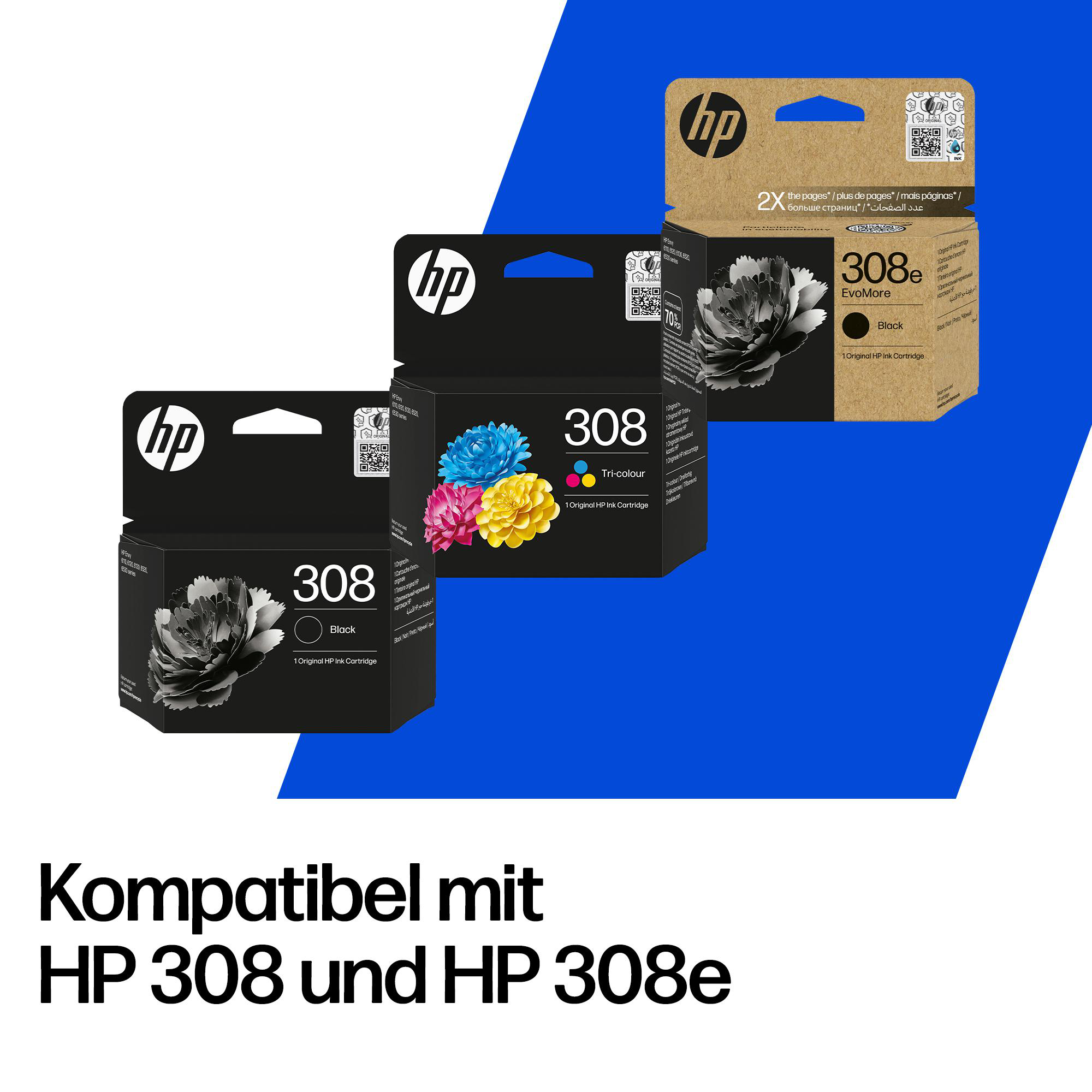 Drei HP 308 und 308e Tintenpatronen-Verpackungen vor blauem Hintergrund mit deutschem Text.
