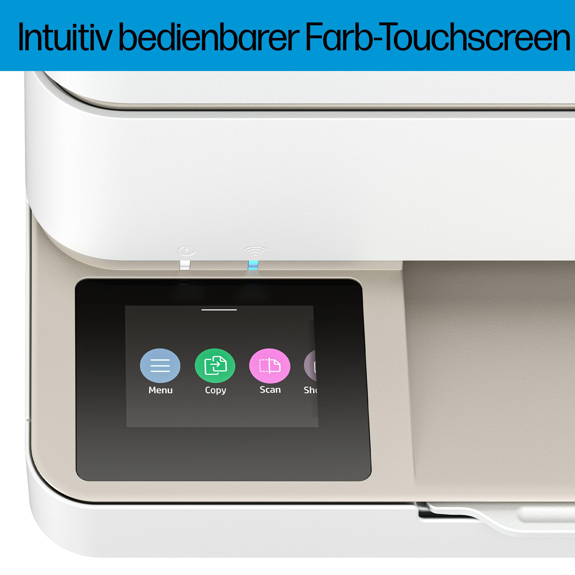 Ein weißer Drucker mit einem intuitiven Farb-Touchscreen, der Menü-, Kopier- und Scan-Optionen anzeigt.