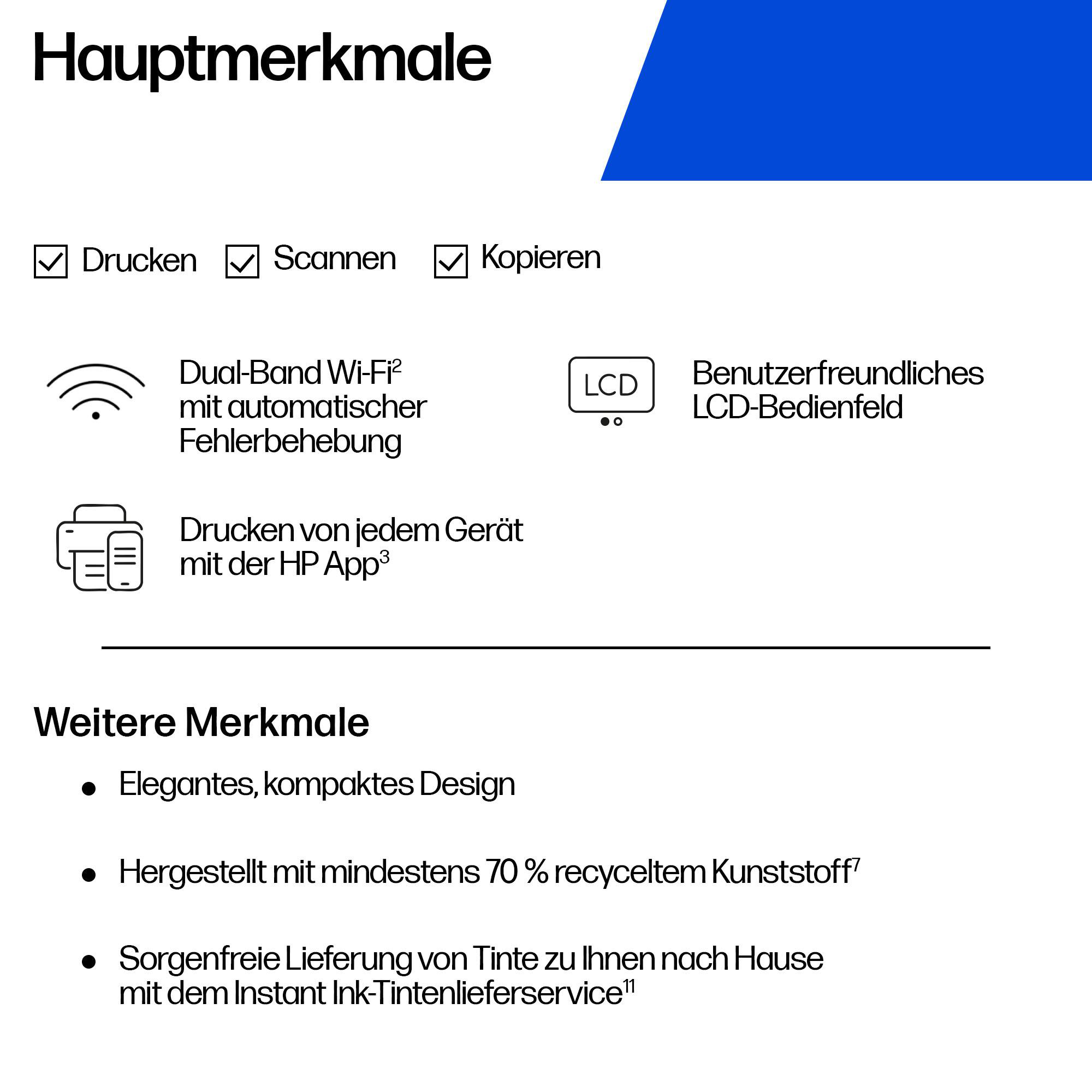 Übersicht der Haupt- und Zusatzmerkmale eines Druckers mit Icons für Drucken, Scannen, Kopieren, WLAN und App.