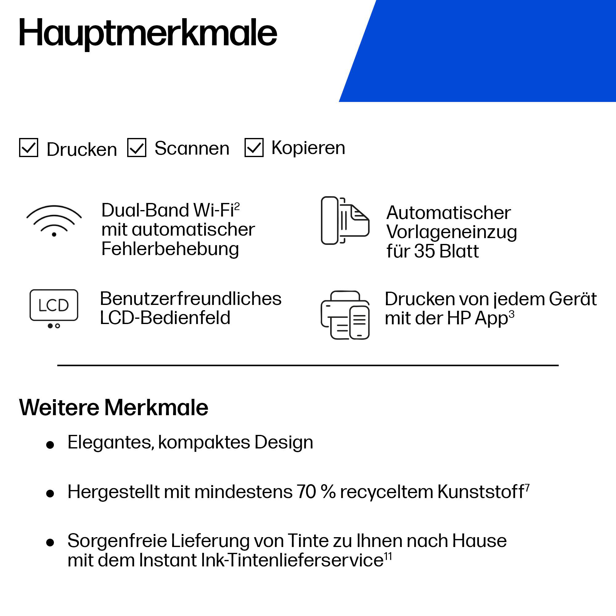 Eine Infografik mit Druckerfunktionen wie Drucken, Scannen, WLAN, LCD-Bedienfeld und umweltfreundlichem Design.