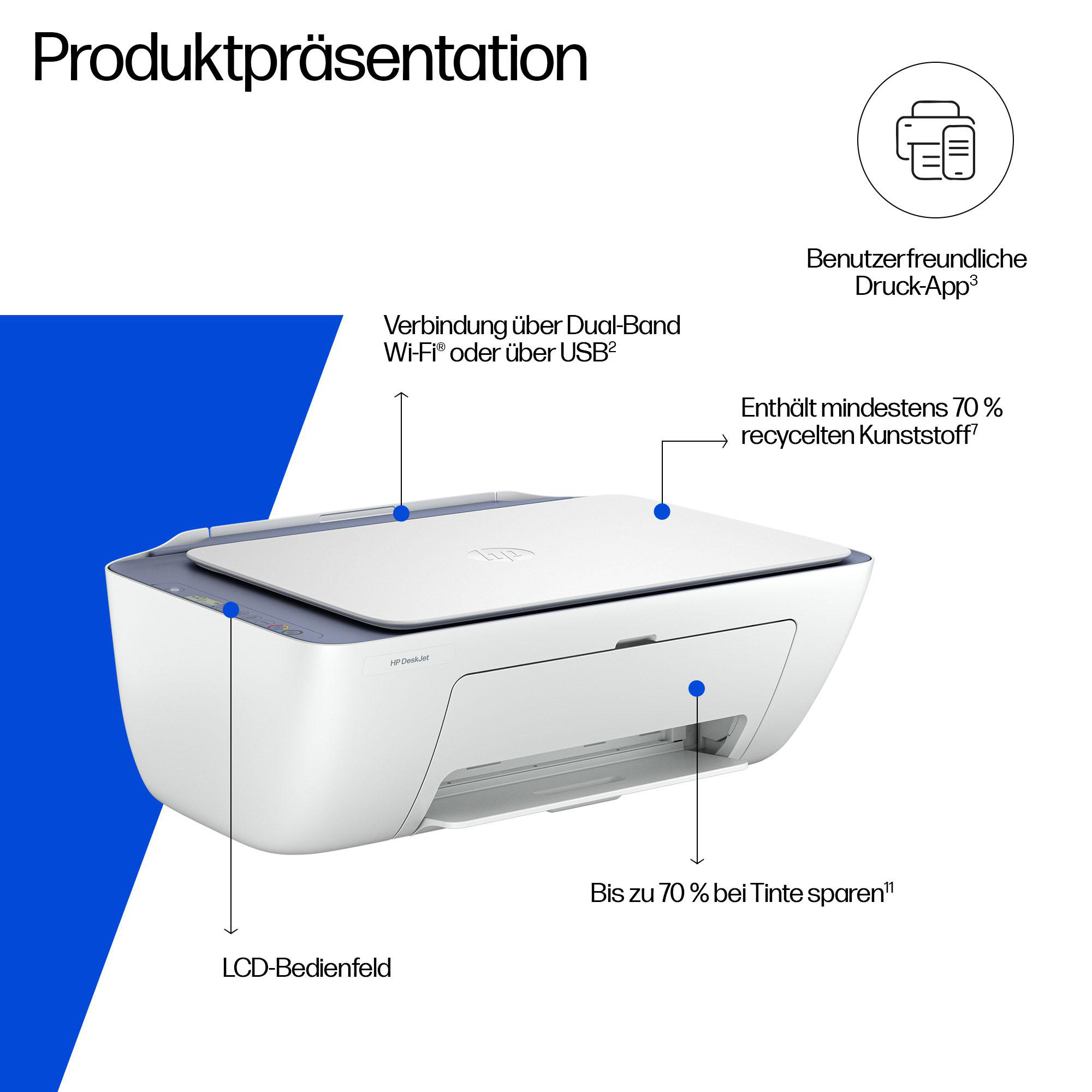 Produktpräsentation eines weißen HP DeskJet Druckers mit Erklärungen zu Wi-Fi, App, Recycling und Tinte.