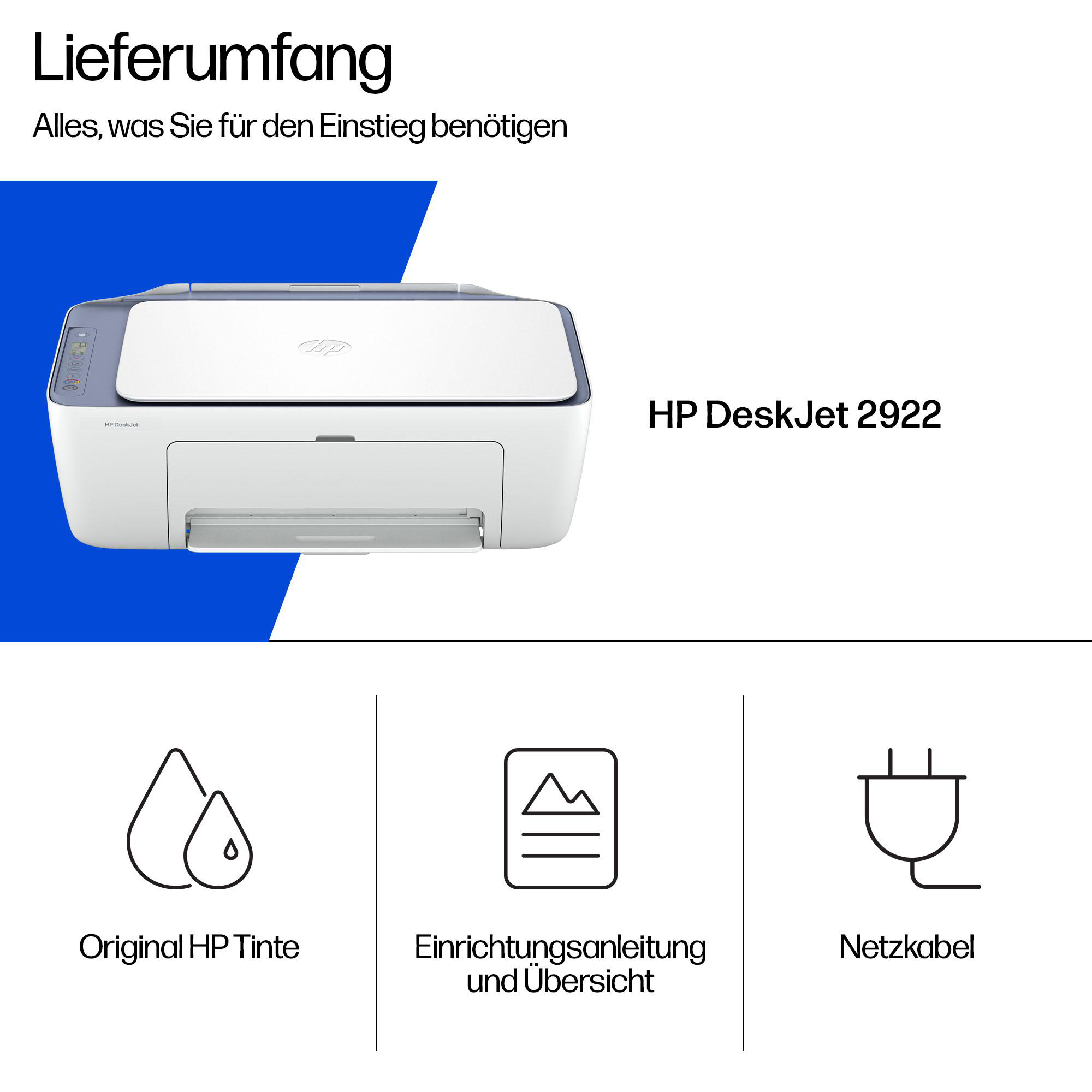 HP DeskJet 2922 Drucker mit Tinte, Anleitung und Netzkabel.