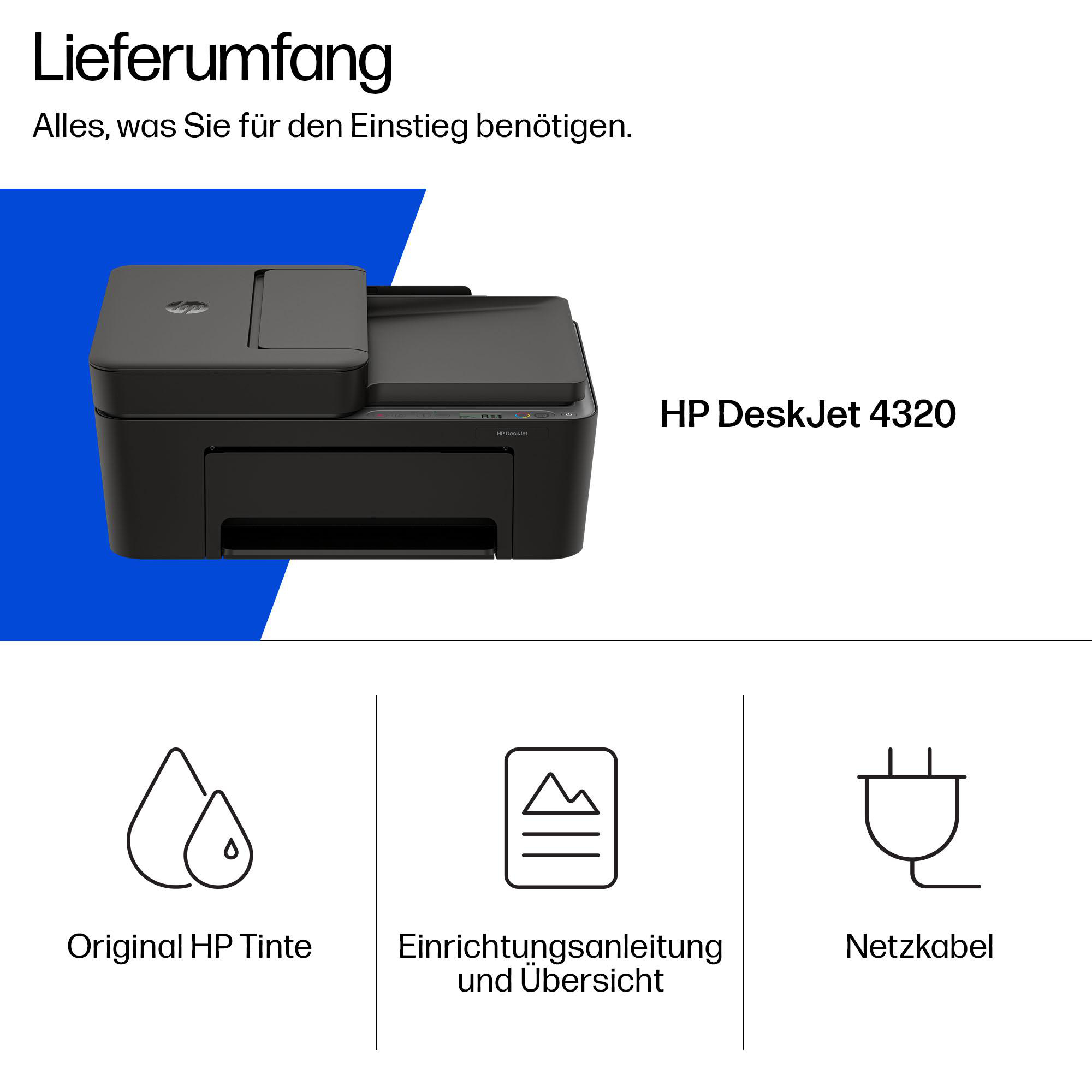 HP DeskJet 4320 Drucker mit Tinte, Anleitung und Netzkabel.