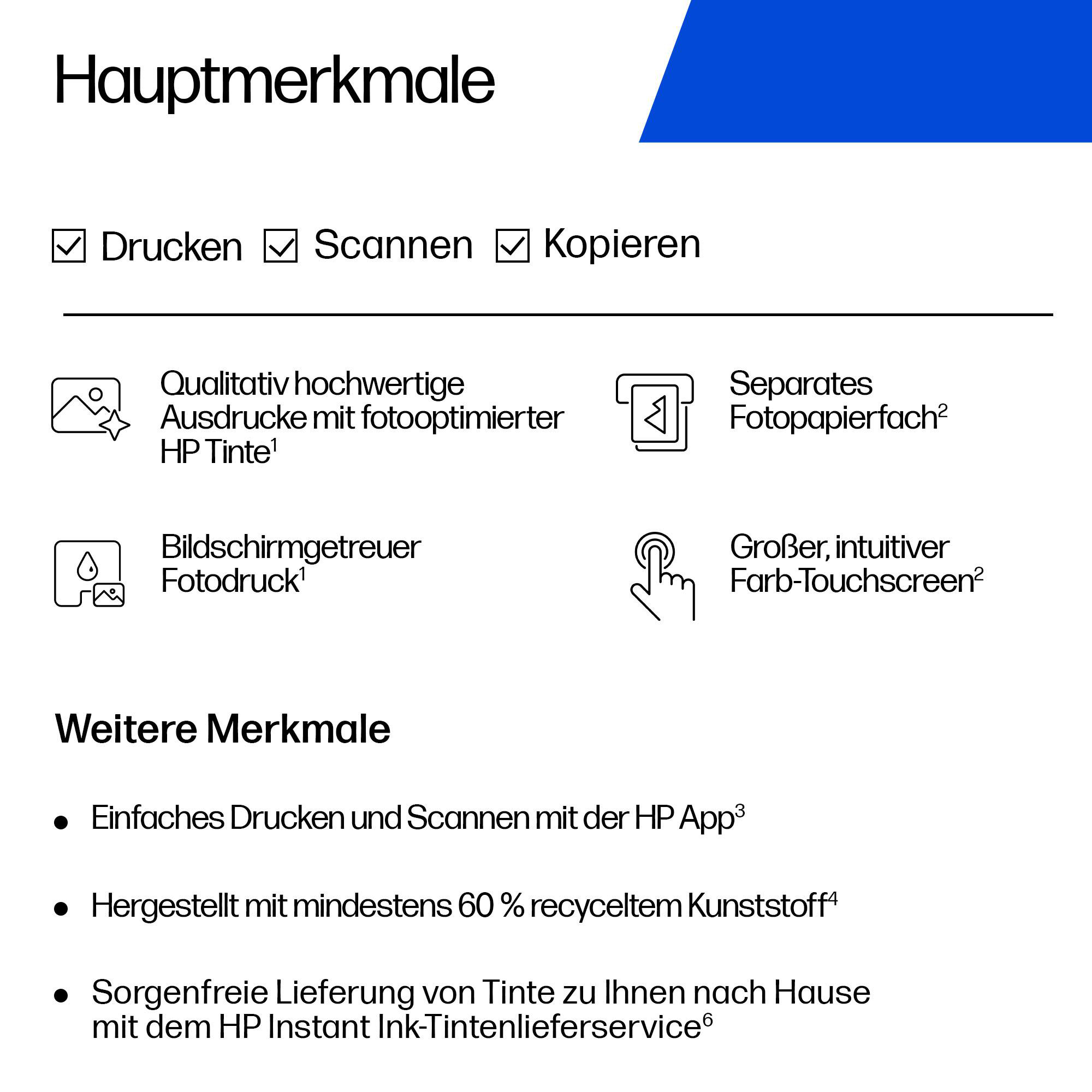 Übersicht der Haupt- und Zusatzmerkmale eines Druckers mit Symbolen und deutscher Beschreibung.