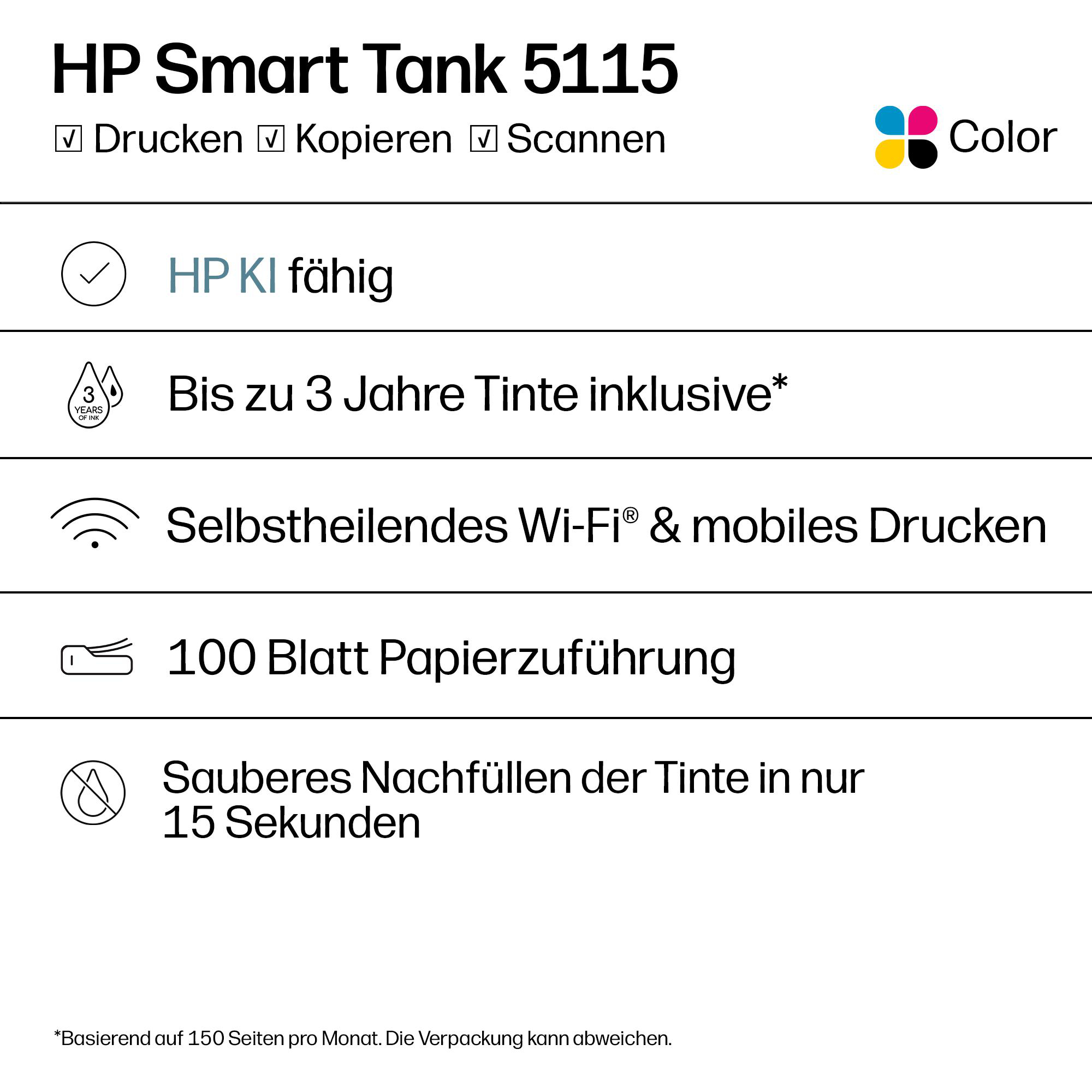 HP Smart Tank 5115 Druckerfunktionen mit Drucken, Kopieren, Scannen, 3 Jahren Tinte, WLAN und mobilem Drucken.
