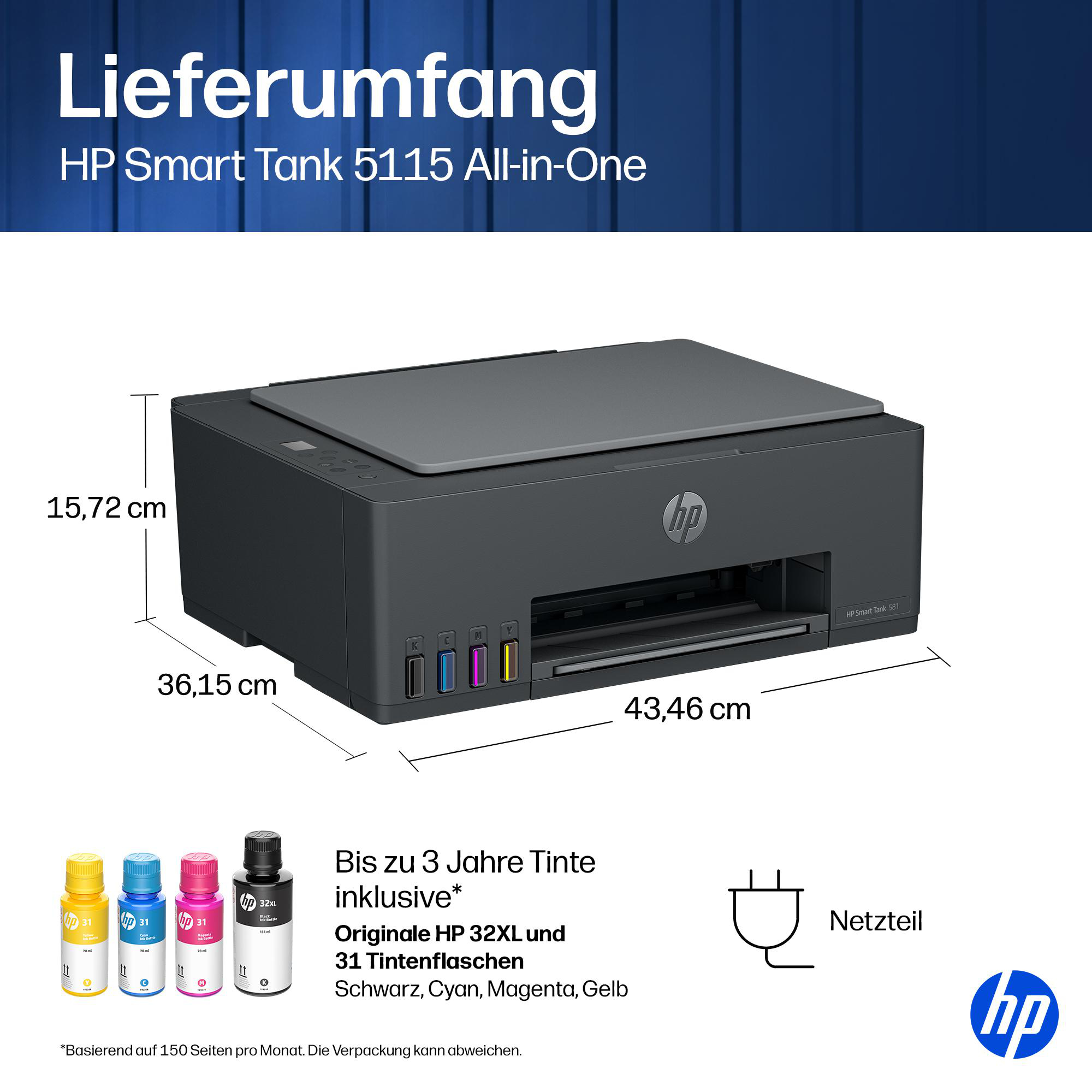 HP Smart Tank 5115 All-in-One Drucker mit Abmessungen, vier Tintenflaschen und Netzkabel vor blauem Hintergrund.