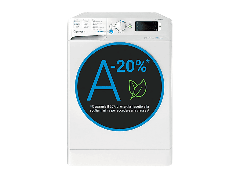 INDESIT BWE 101498X WKV IT LAVATRICE, Caricamento frontale, 10 kg, 16 programmi, Profondità 60,5 cm, Giri 1351 rpm, Bianco, livello rumorosità centrifuga 76 dB(A), Classe A