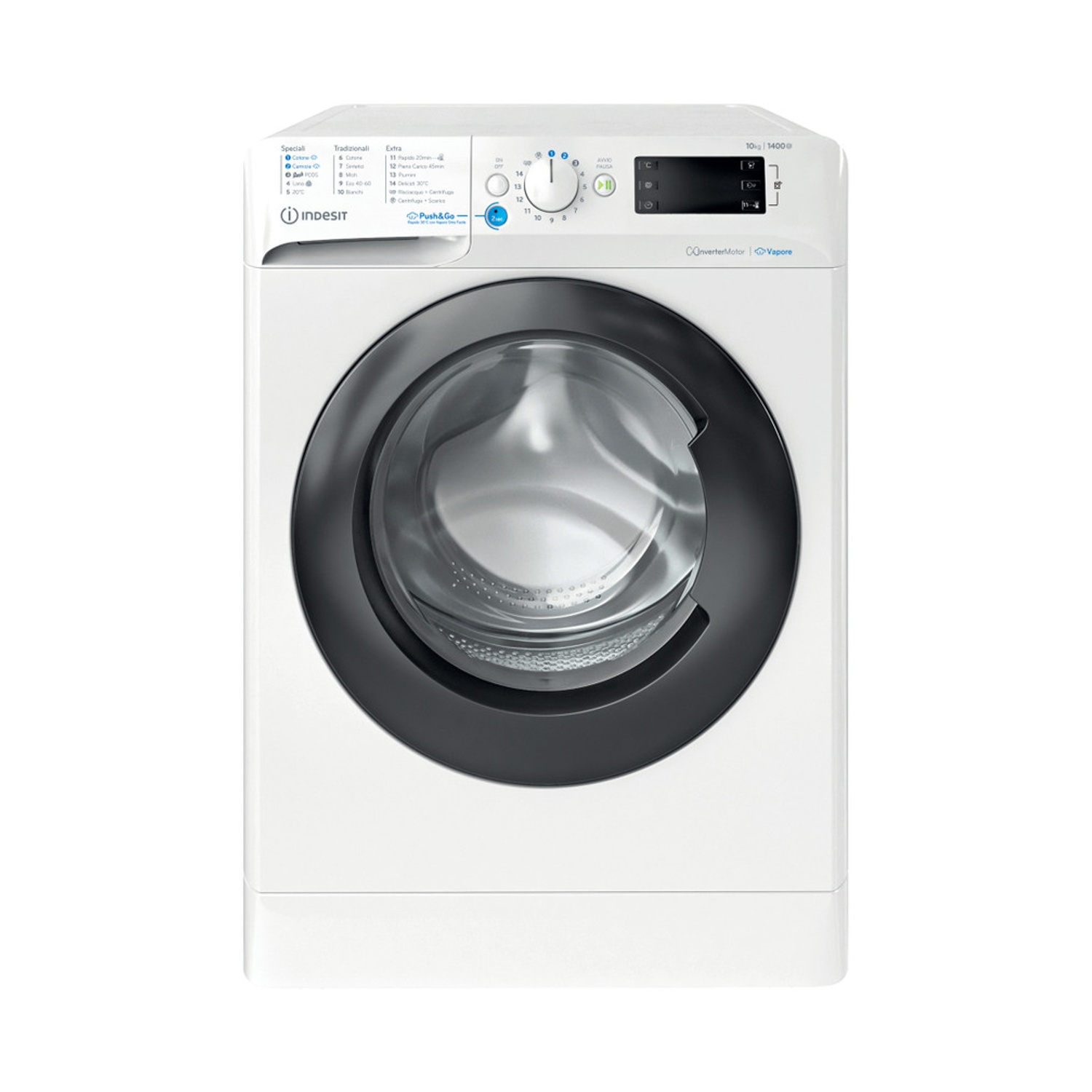 Una lavatrice a carica frontale Indesit bianca con cornice della porta nera, pannello di controllo e display.