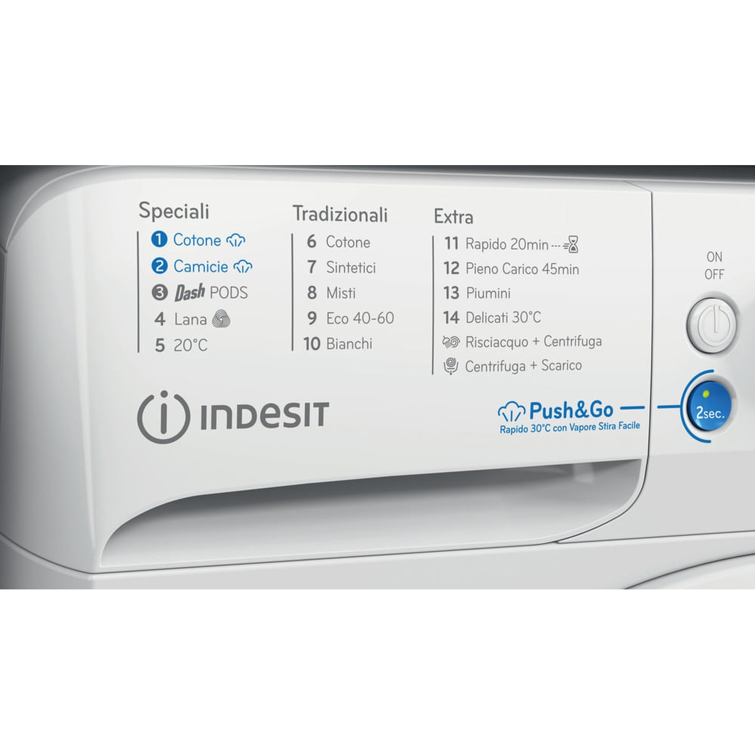 Pannello di controllo di una lavatrice bianca Indesit con programmi e pulsante Push&Go.