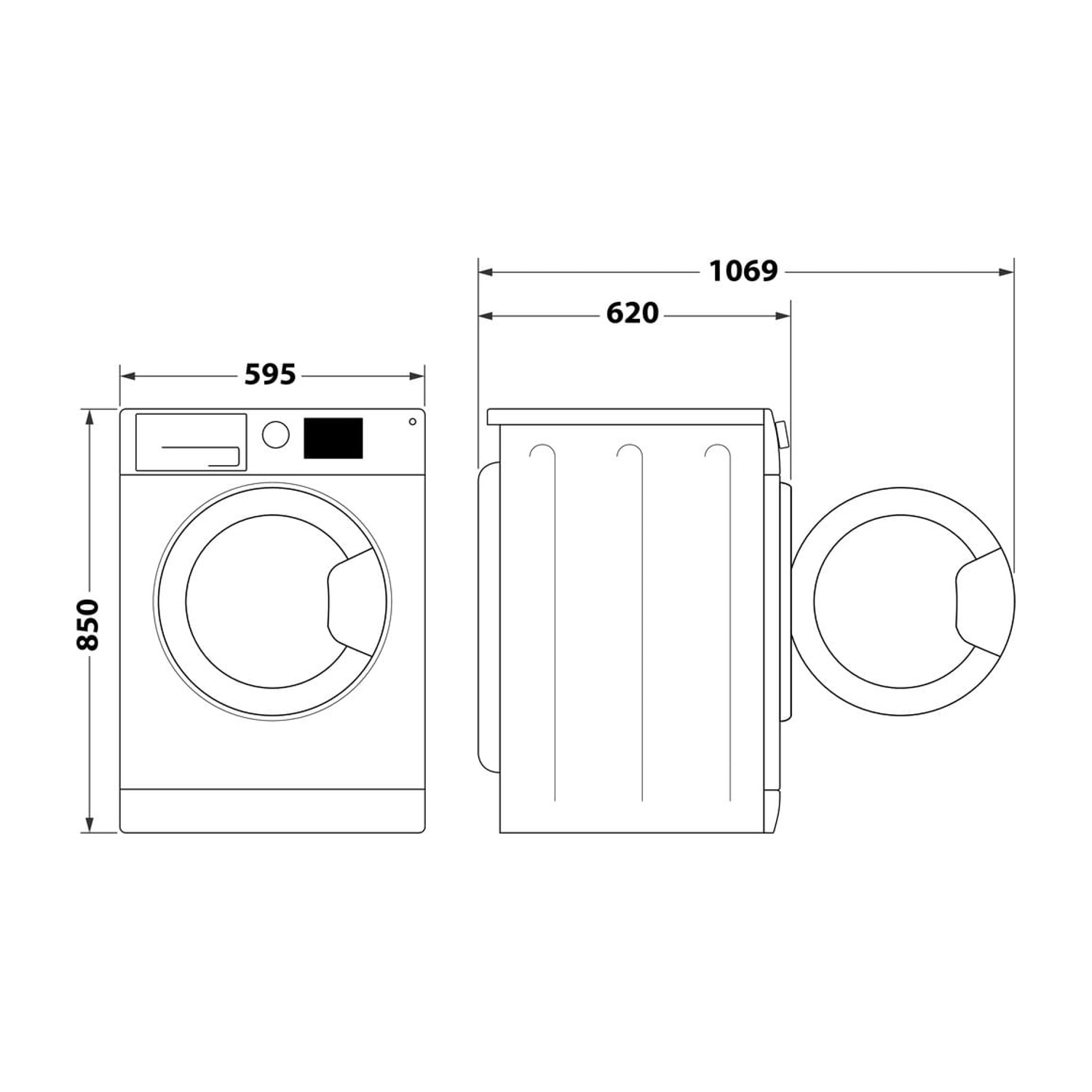 Disegno tecnico di una lavatrice che mostra le viste frontale e laterale con quote dimensionali in millimetri.
