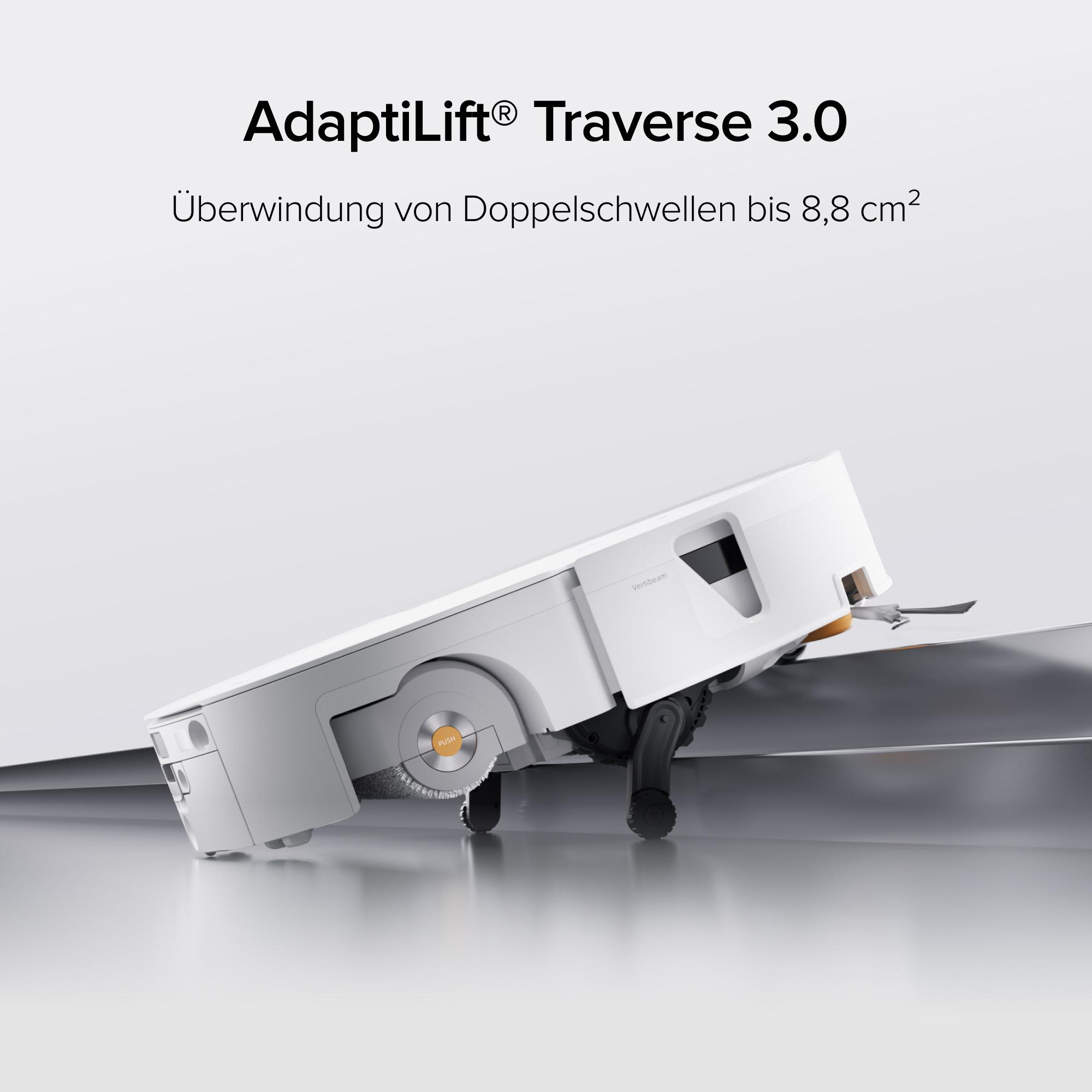 Ein weißer Saugroboter klettert über eine doppelte Schwelle, demonstriert durch den AdaptiLift Traverse 3.0.