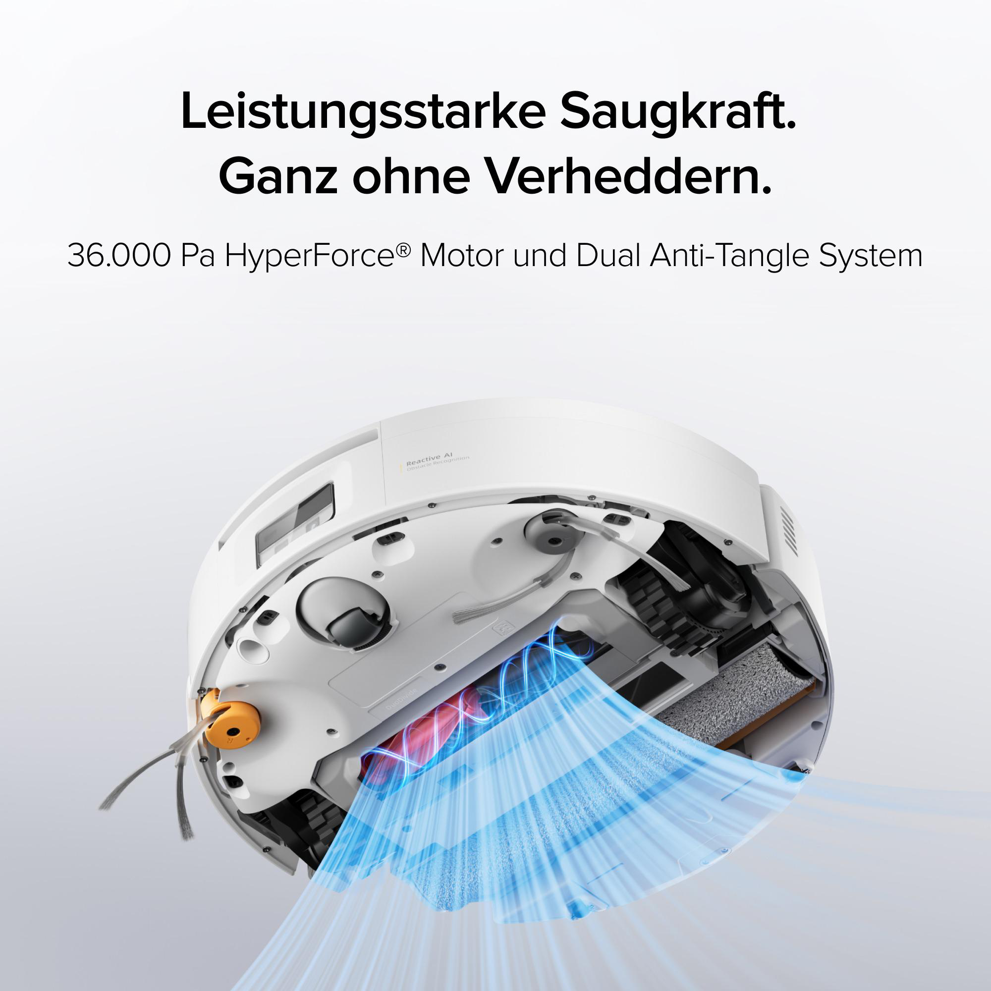 Unterseite eines weißen Saugroboters mit blauen Luftstromlinien und Text über starke Saugleistung.