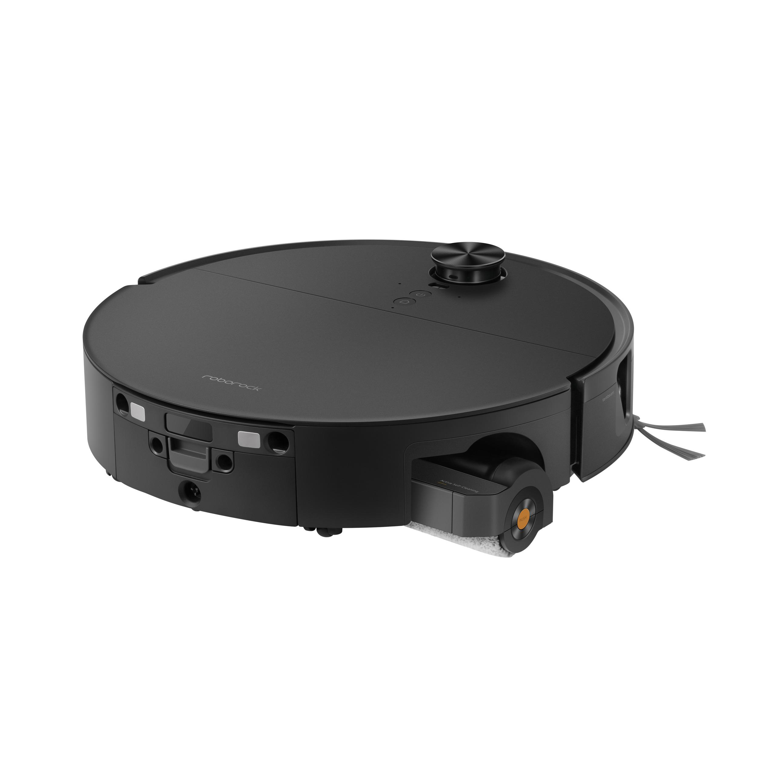 Schwarzer Roborock Saug- und Wischroboter mit ausgefahrenem Wischmopp.