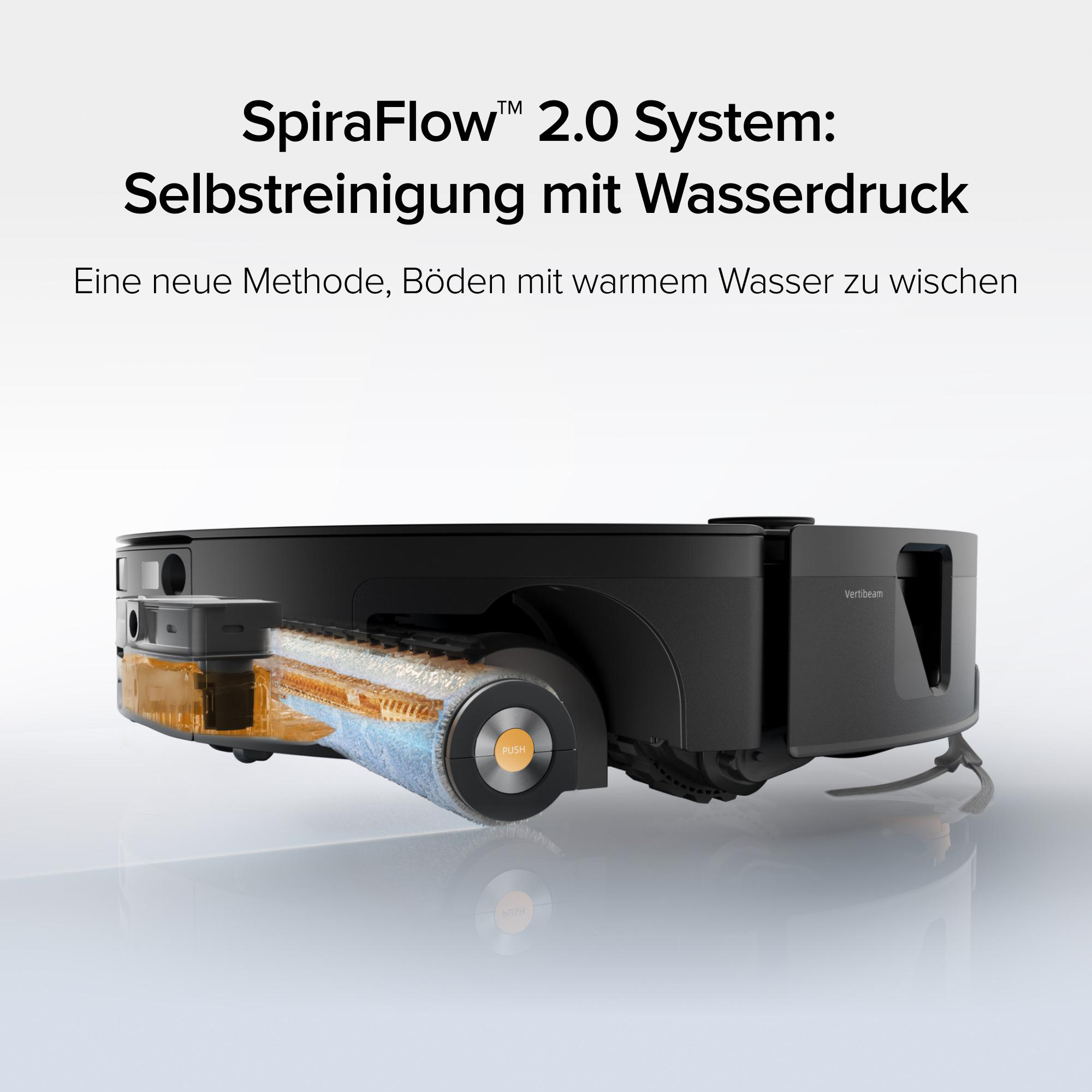 Schwarzer Saugroboter mit sichtbarem SpiraFlow-Wischsystem und Text über Selbstreinigung.