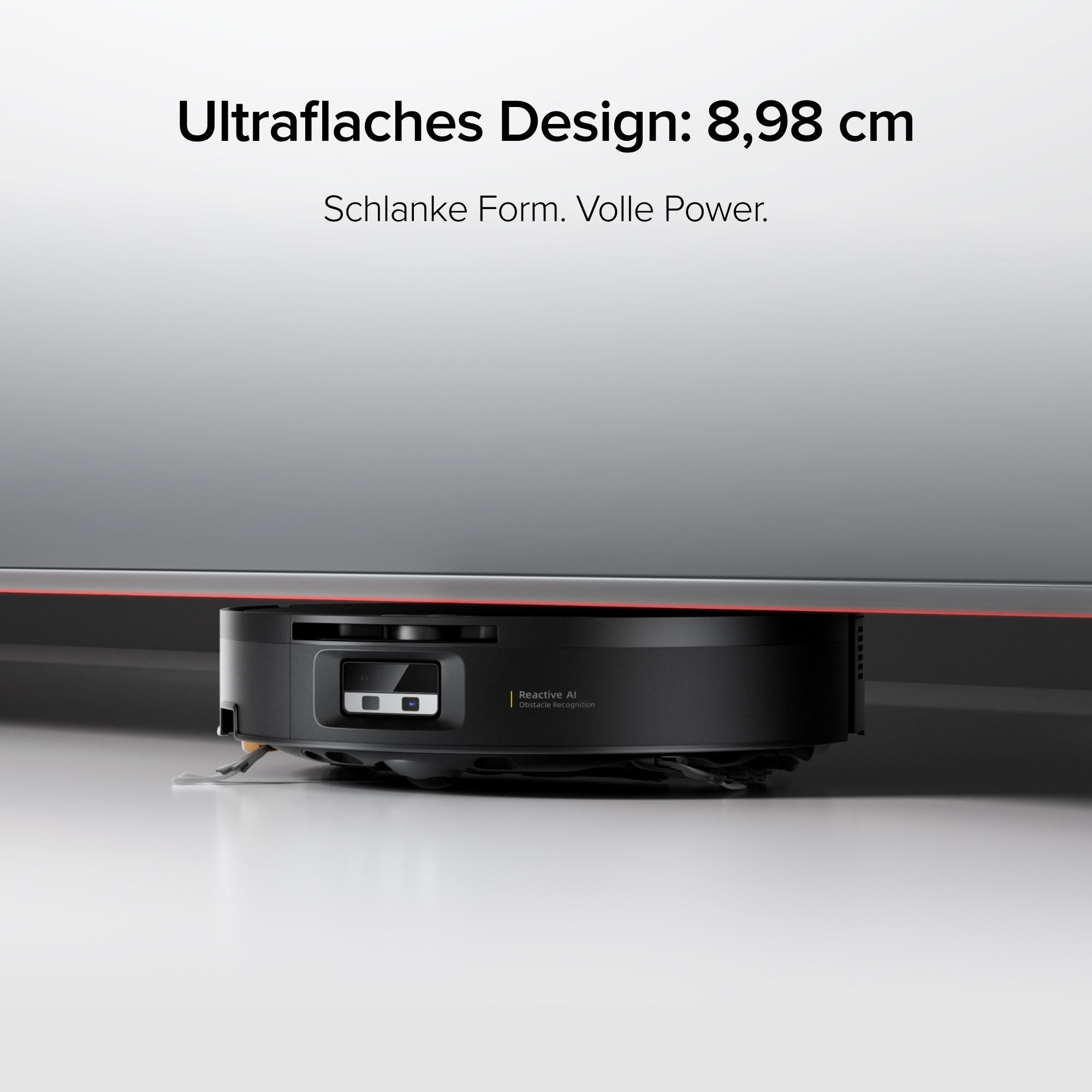 Ein flacher schwarzer Saugroboter fährt unter ein Möbelstück. Darüber steht Text über das flache Design.