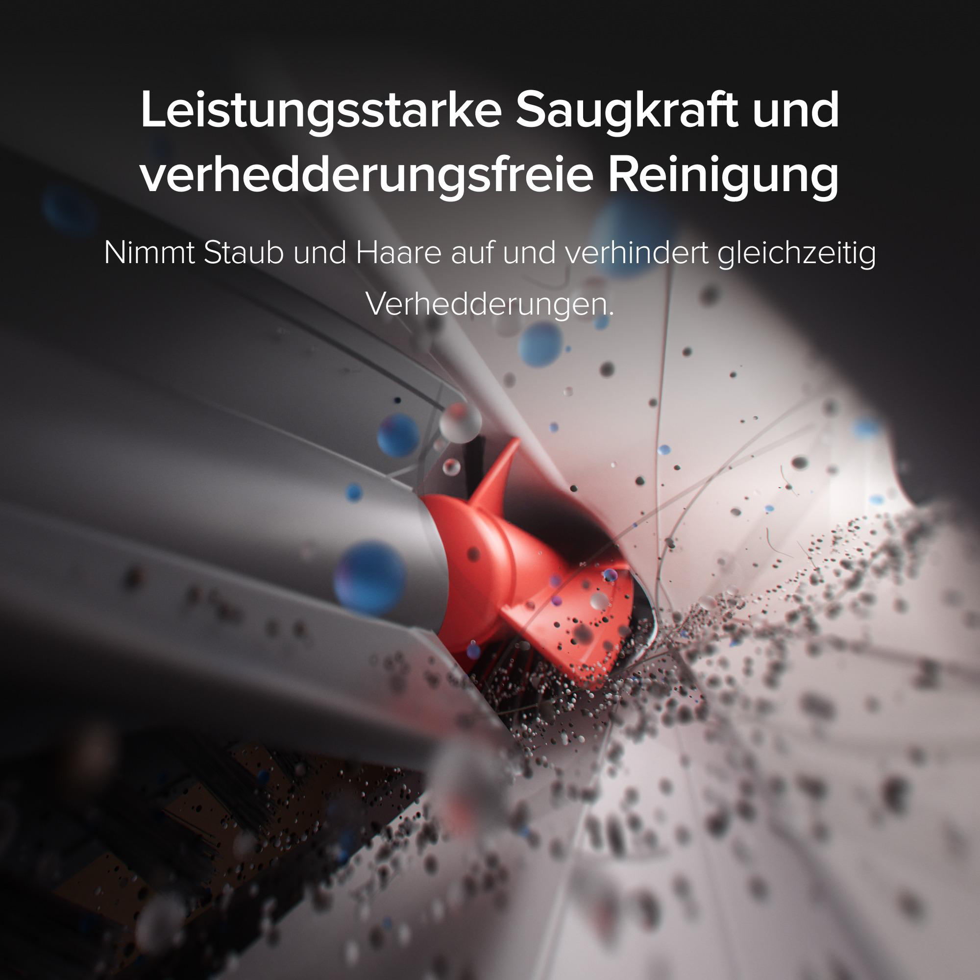 Nahaufnahme einer Staubsaugerwalze in Aktion, die Staub und Haare aufnimmt, mit deutschem Text.