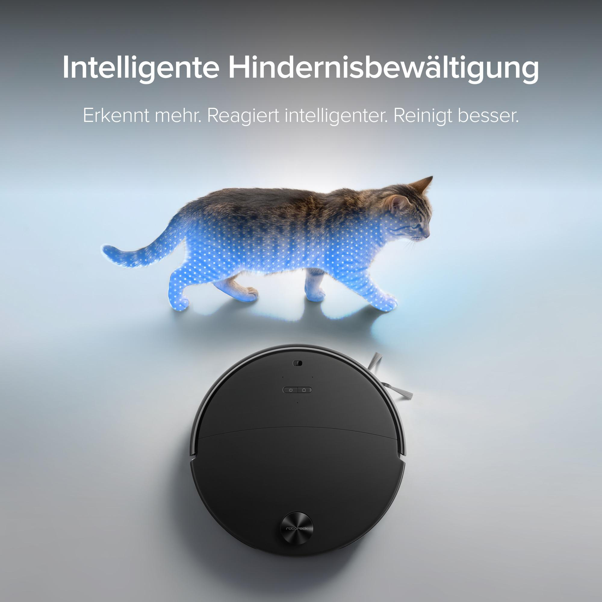 Ein schwarzer Saugroboter erkennt eine Katze mit blauen Sensorenpunkten vor hellem Hintergrund.