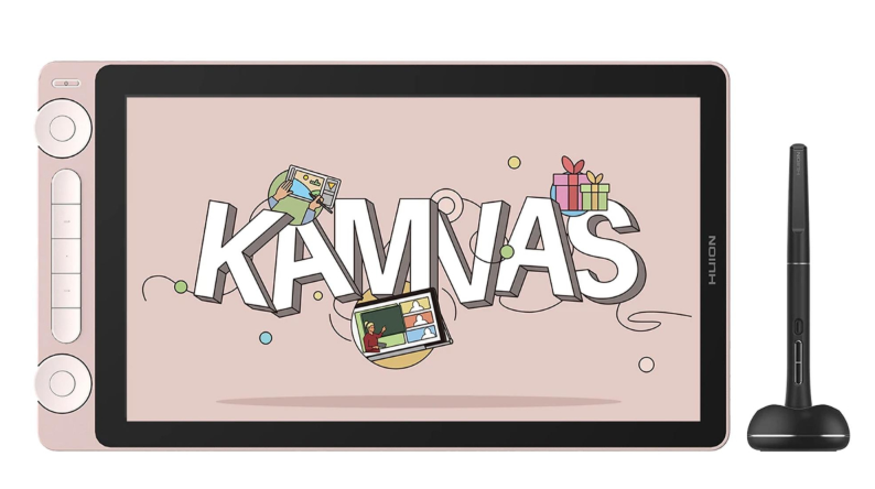 Różowy tablet graficzny z rysikiem i podstawką. Ekran wyświetla Kamvas.