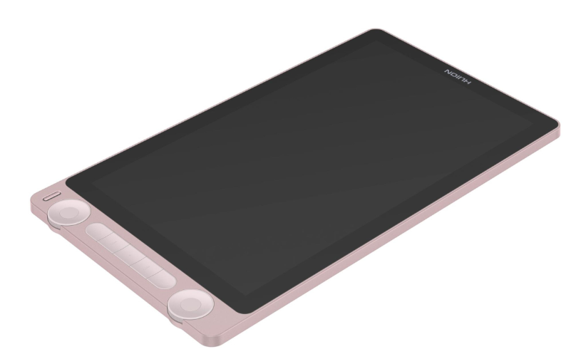 Różowy tablet graficzny z dużym ekranem i przyciskami funkcyjnymi z boku, na białym tle.
