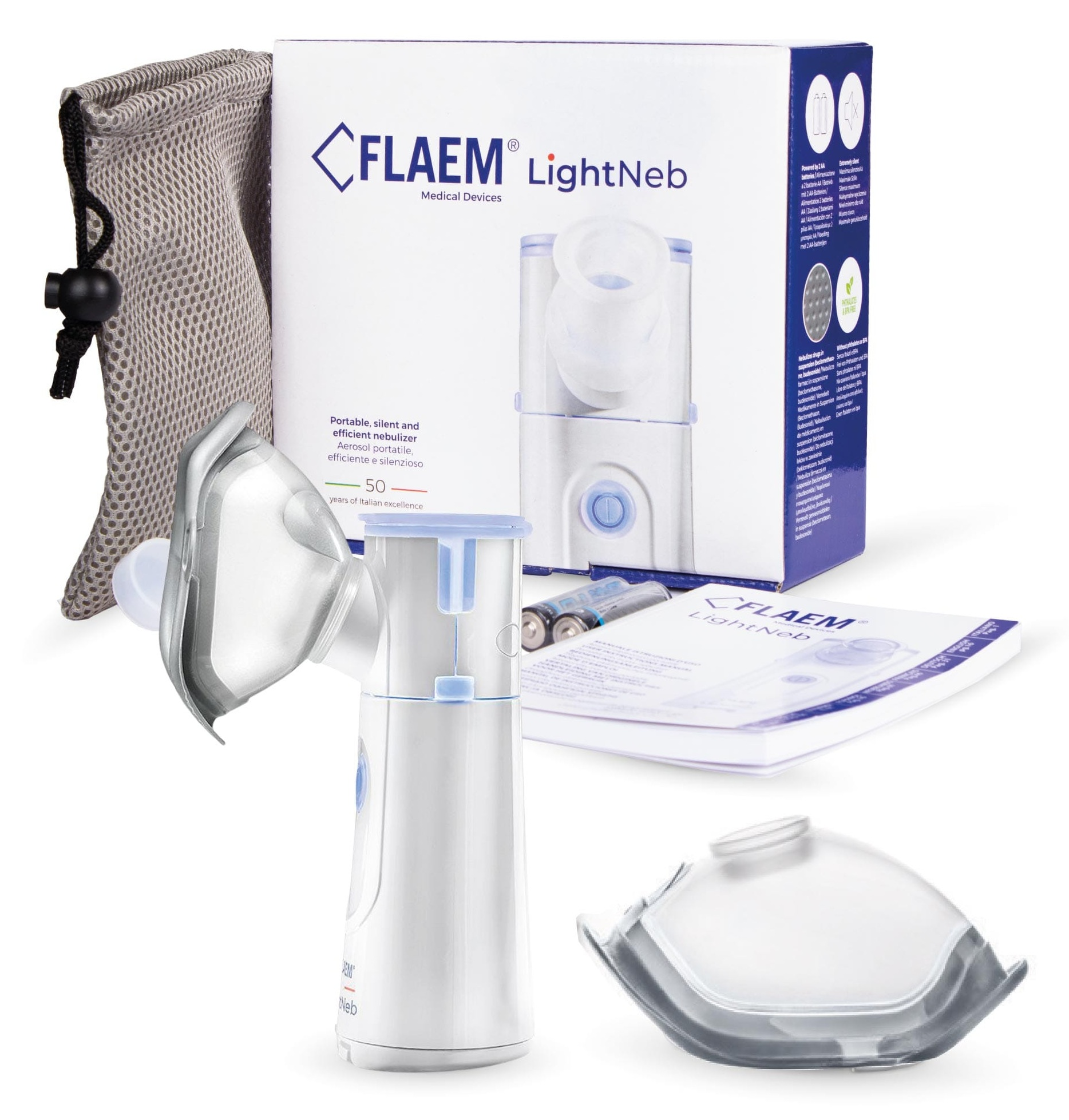 Inhalator Flaem LightNeb z maskami, woreczkiem, bateriami, instrukcją i pudełkiem.
