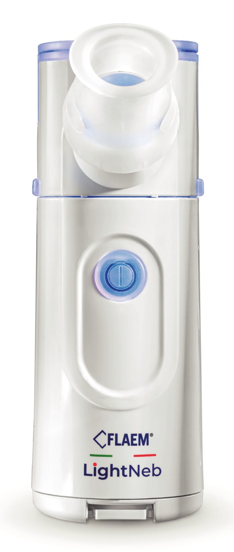 Biały nebulizator Flaem LightNeb z niebieskim przyciskiem zasilania i ustnikiem.